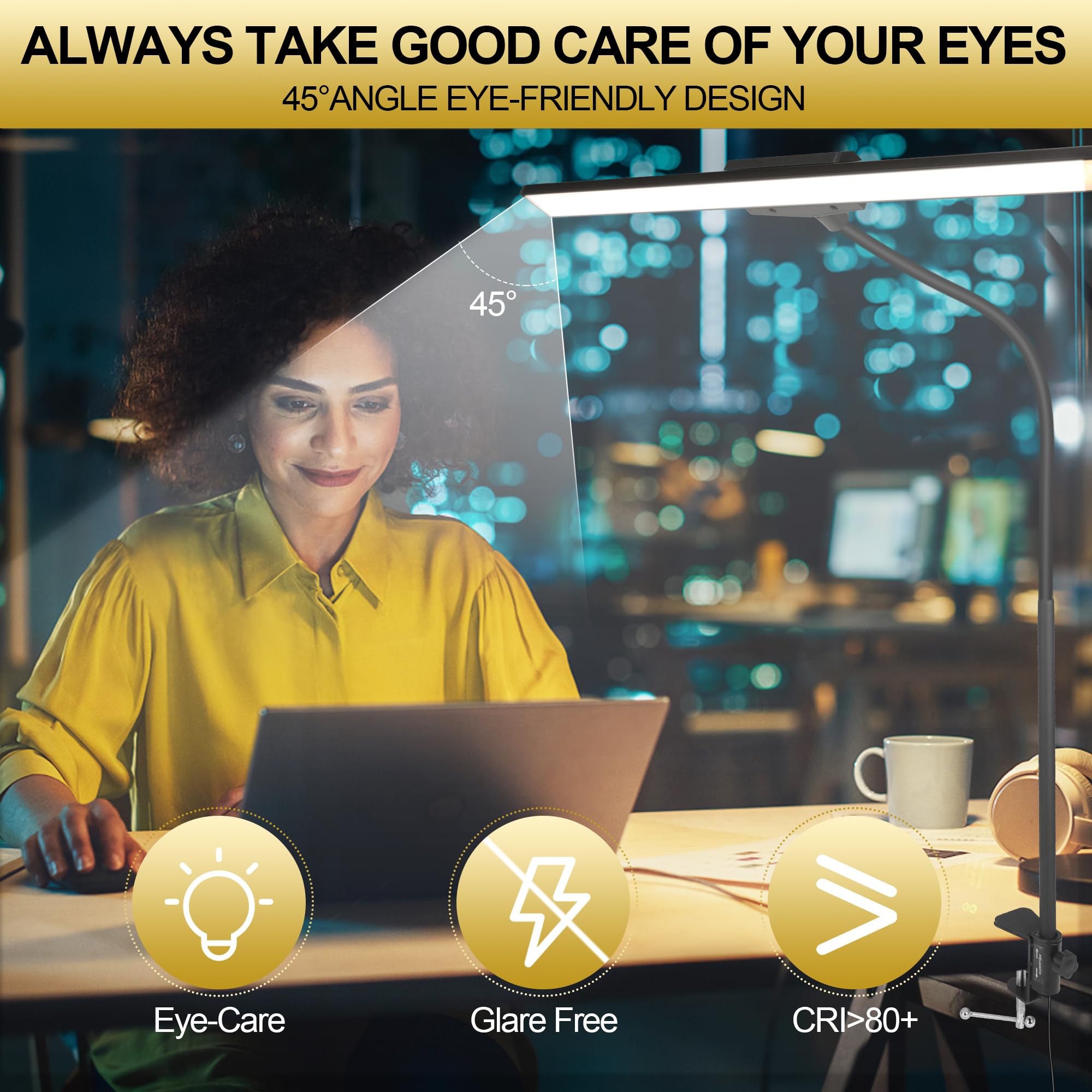 Litren Desk Lamps For Home Office Desk Light With Clamp Eye-Caring 3 Colors 10 Brightness Dimmable Swing Arm Clip On Office Desk