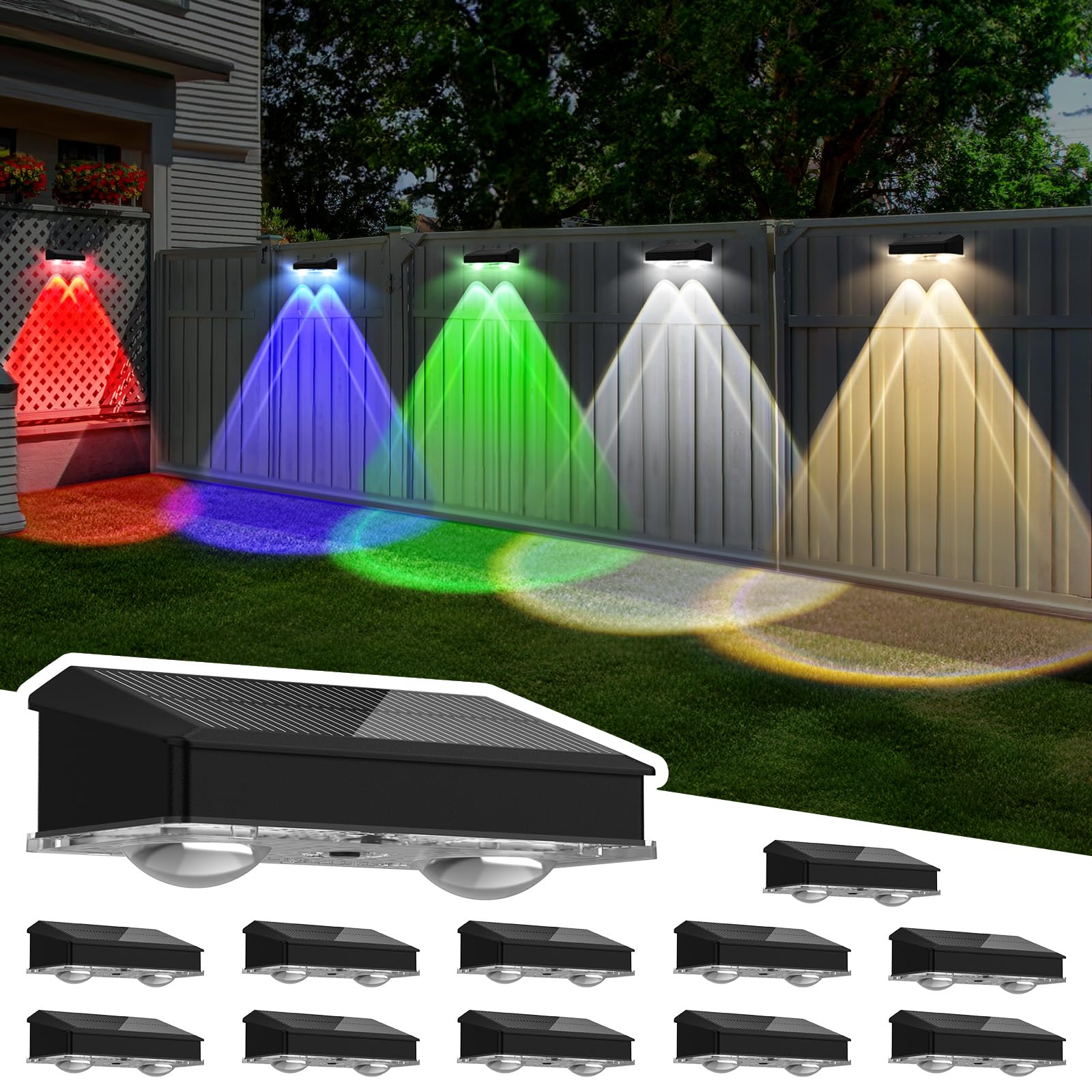 Solar Fence Lights Outdoor 12 Pack  Warm White & Cool White & 6 Colored+RGB Color Changing  High Brightness LED Spot Lens Deck Lights Dusk to Dawn for Backyard Railing Patio Wall  IP65 Waterproof