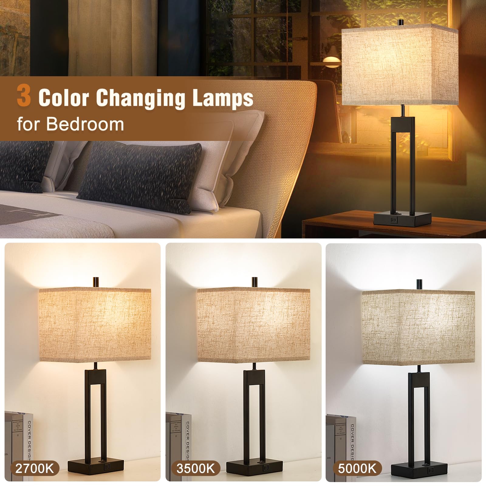 25.5’’ Nightstand Table Lamps For Bedrooms Set Of 2, Bedside Lamp With Usb C+A, 3 Colors Changeable Living Room Lamps For End Tables, Modern Night Stand Lamps For Bed Side Guest Room Office Reading