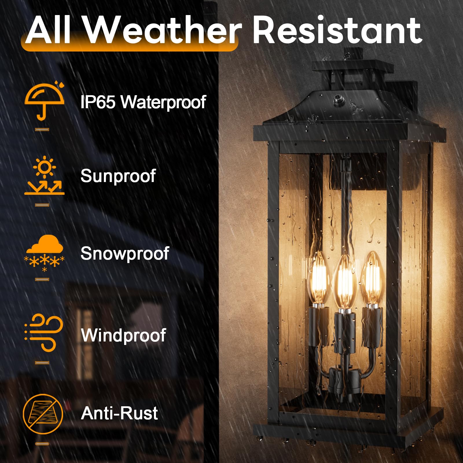 VenzBlomia 20" Dusk to Dawn Outdoor Wall Lights, 3-Light Black Metal Sconce, Waterproof, 2-Pack, Photocell Sensor, Model VZN-20BD-