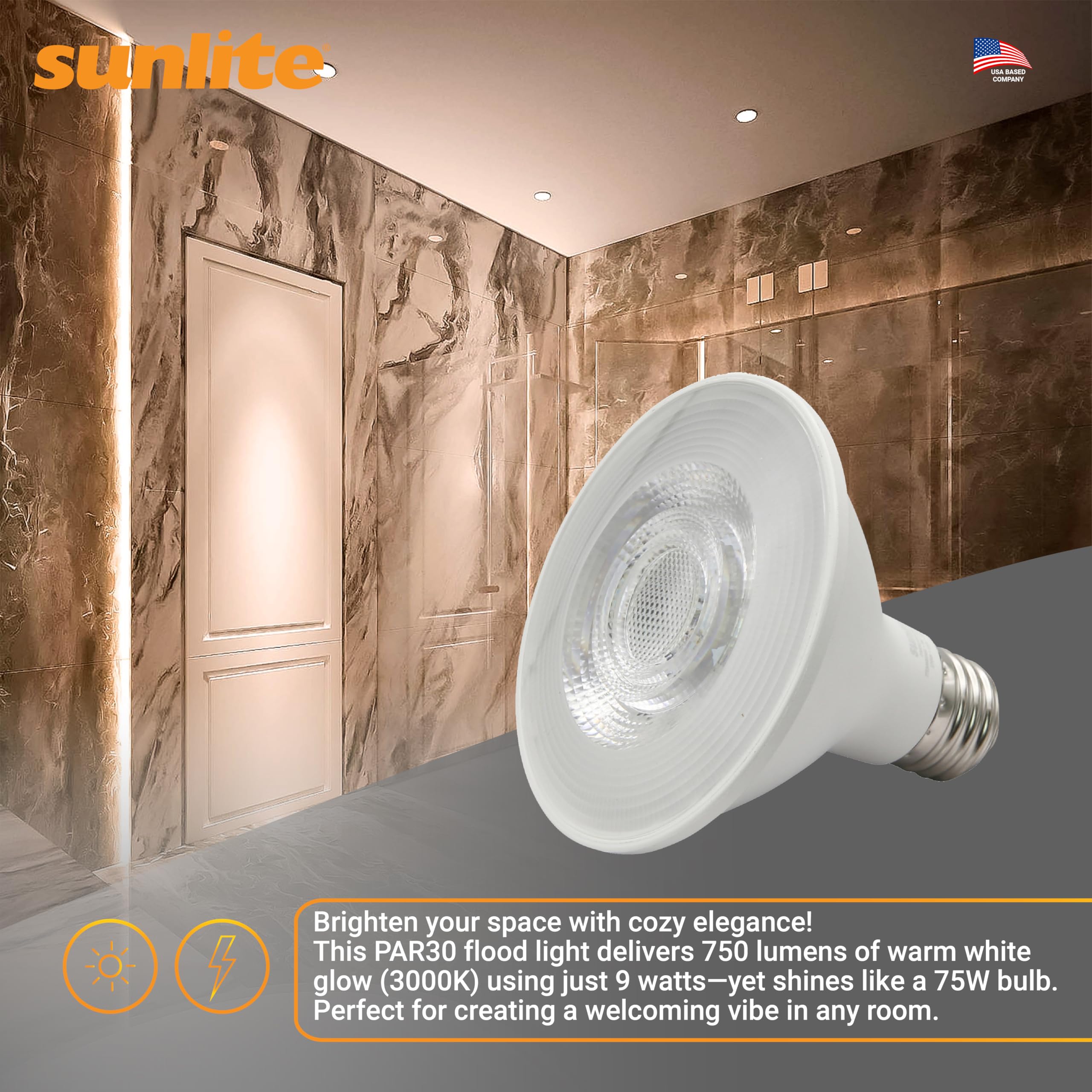 Sunlite Reflector Par30 Led Bulb  Spotlight  9W (75W=)  750 Lmns  Medium E26 Base  90 Cri  Dimmable  Decorative Track Lighting Use  Etl  Title-20 Compliant  Bulk  24 Pack  30K-Warm White