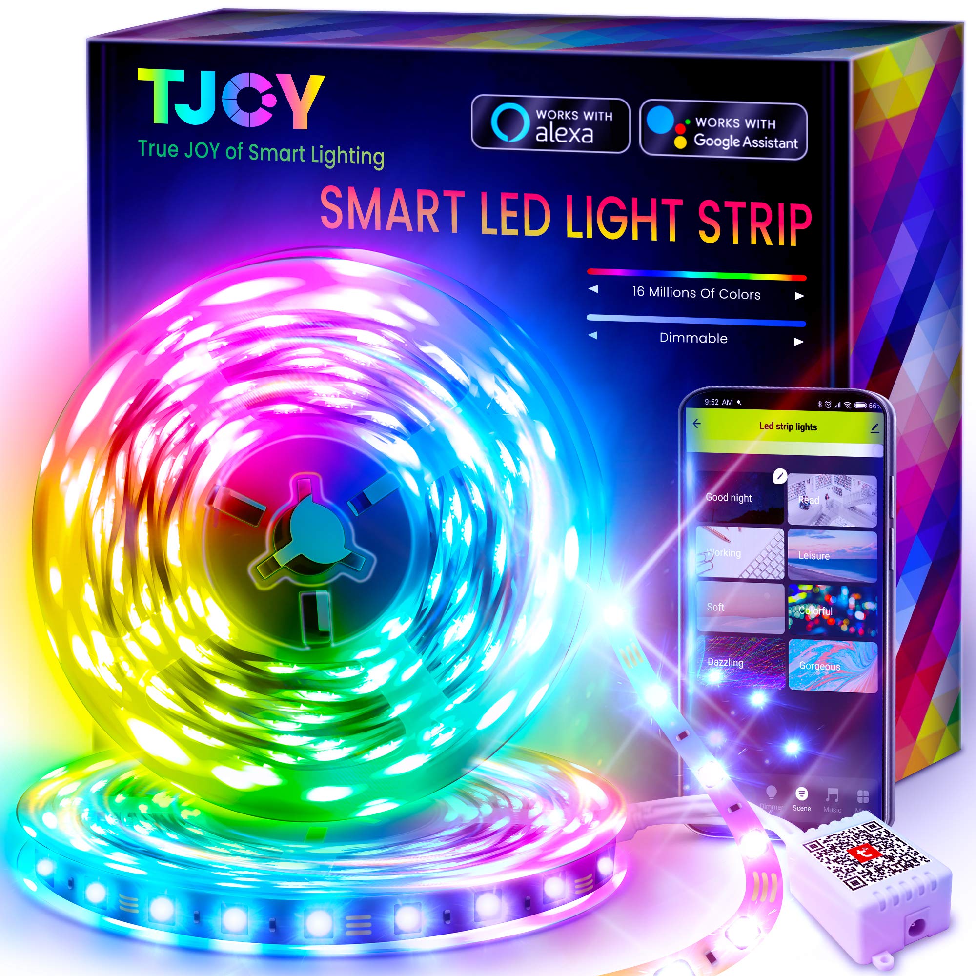 TJOY 50ft Smart Led Band Lights for Bedroom  Alexa Led Light Band 5050 RGB Color Changing Music Sync Led Lights Band with App Remote Multi-Color Wireless Led Lights for Bedroom (APP+Remote+Voice)