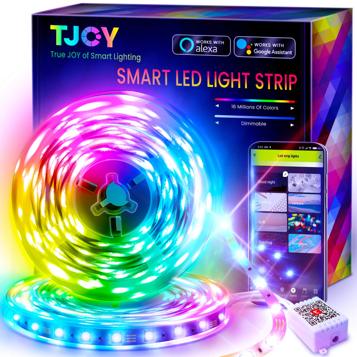 Tjoy 50Ft Smart Led Strip Lights For Bedroom, Alexa Led Light Strip,5050 Rgb Color Changing Music Sync Led Lights Strip With App