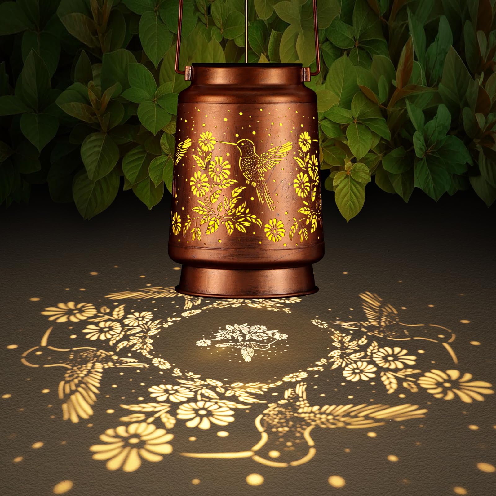 Solar Lantern Outdoor Hanging Waterproof Outside Metal Openwork Hummingbird Pattern Birthday Gifts For Women Mom Landscape Lights For Porch Garden Yard Patio Pathway Decor(Great Hummingbird)