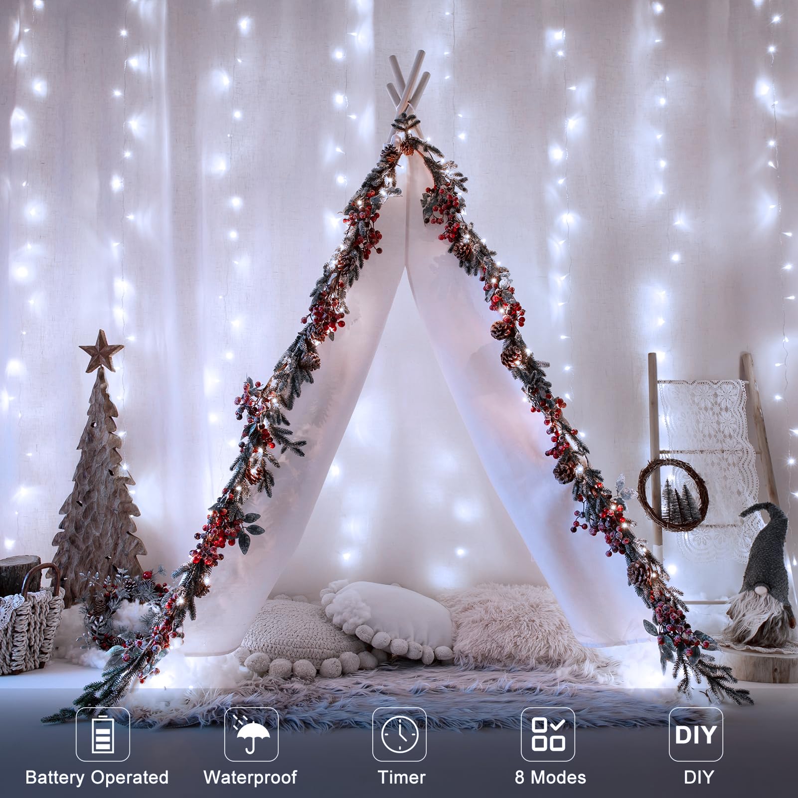 Echosari Curtain Lights Battery Operated, 9.8Ft X 9.8Ft 300 Led Window Curtain String Lights With Remote Timer 8 Modes Hanging L