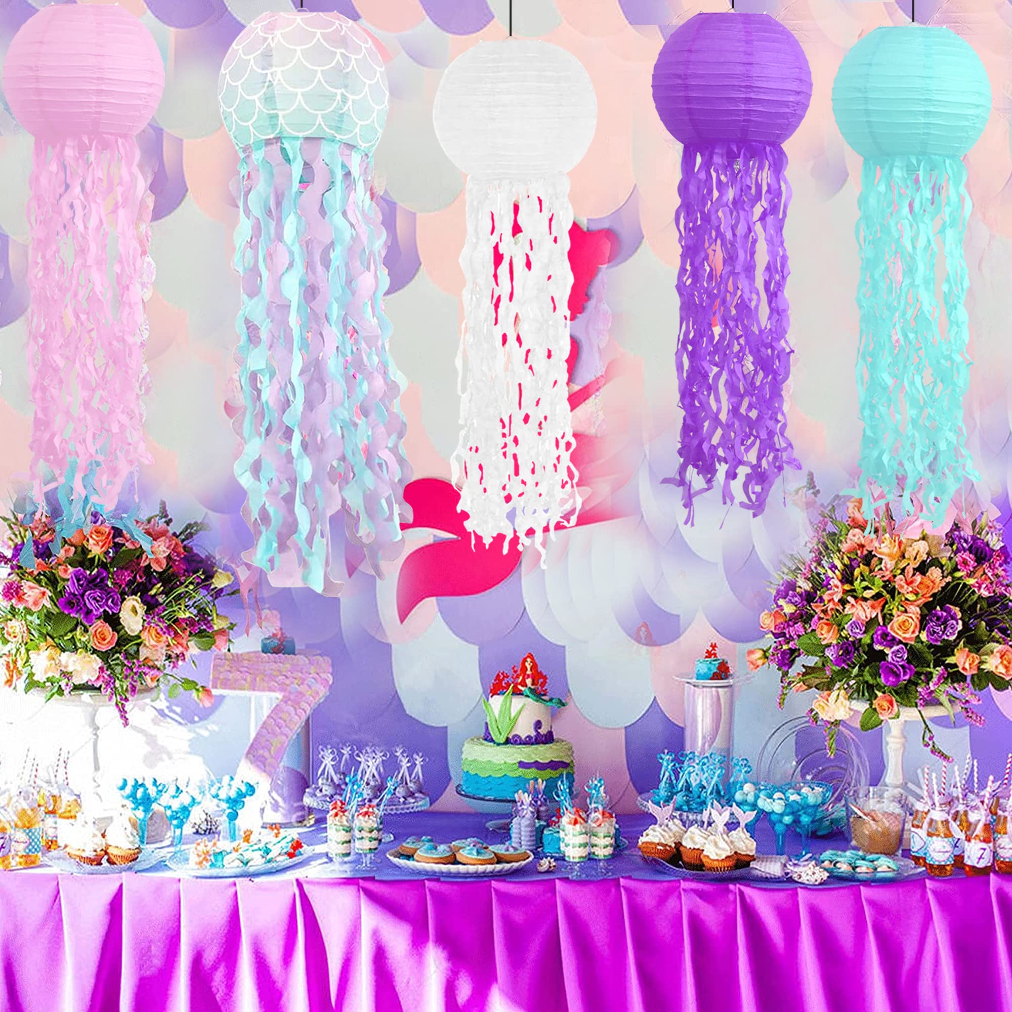 Adlkgg Hanging Jelly Fish Paper Lanterns, Pink Purple Blue White Paper Lanterns For Mermaid Theme Party Under The Sea Ocean Birt