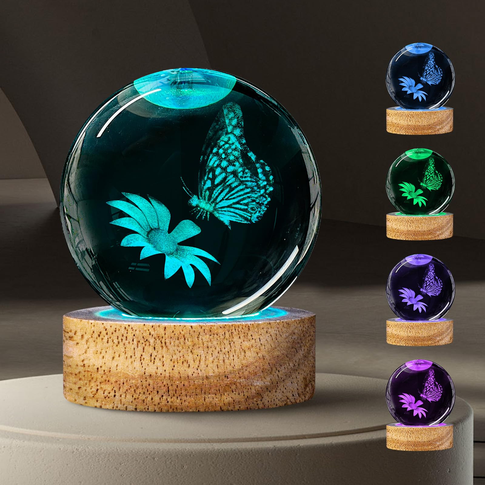 Crystal Ball Night Light - 60mm Glass Ball with Remote, Butterfly Figurines, Perfect for Home Decor, Gifts for Women, Kids, Teen