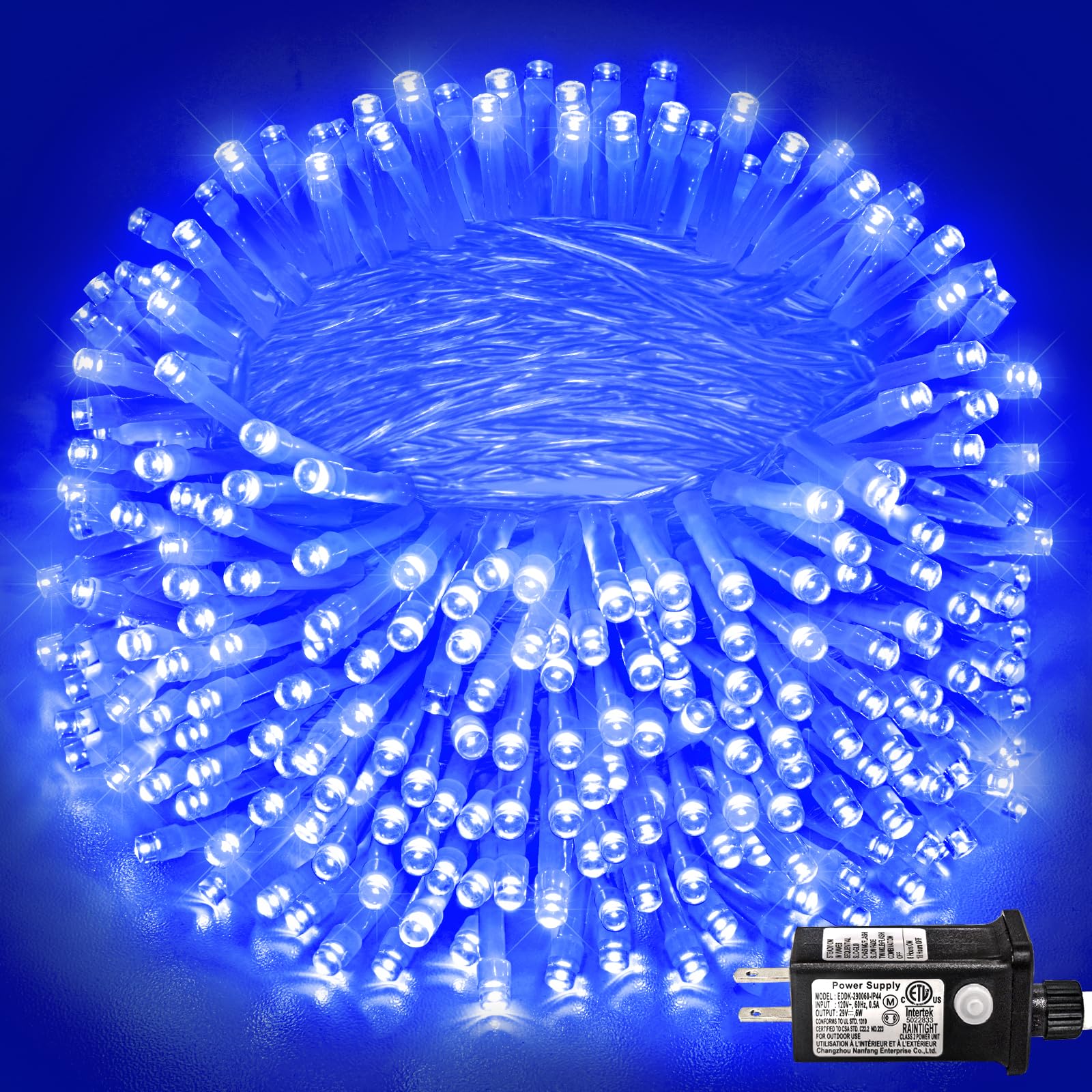 Einiiya 600 LED Blue Christmas Lights, 197ft Waterproof Fairy String Light, Clear Wire, 8 Modes, Model BG-CL3M3-306L01