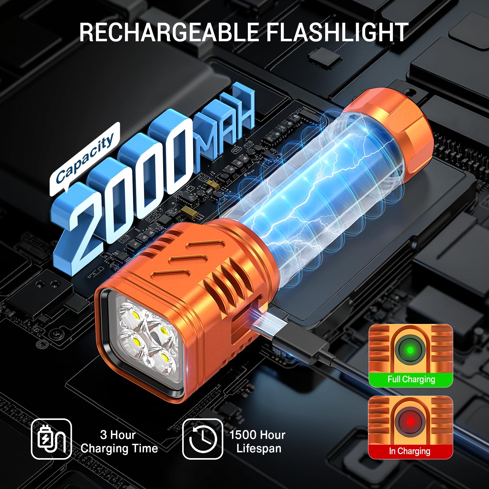 WdtPro Rechargeable LED Flashlight 2000L, Waterproof, Aluminum, Model EX4, Orange, 1 Pack