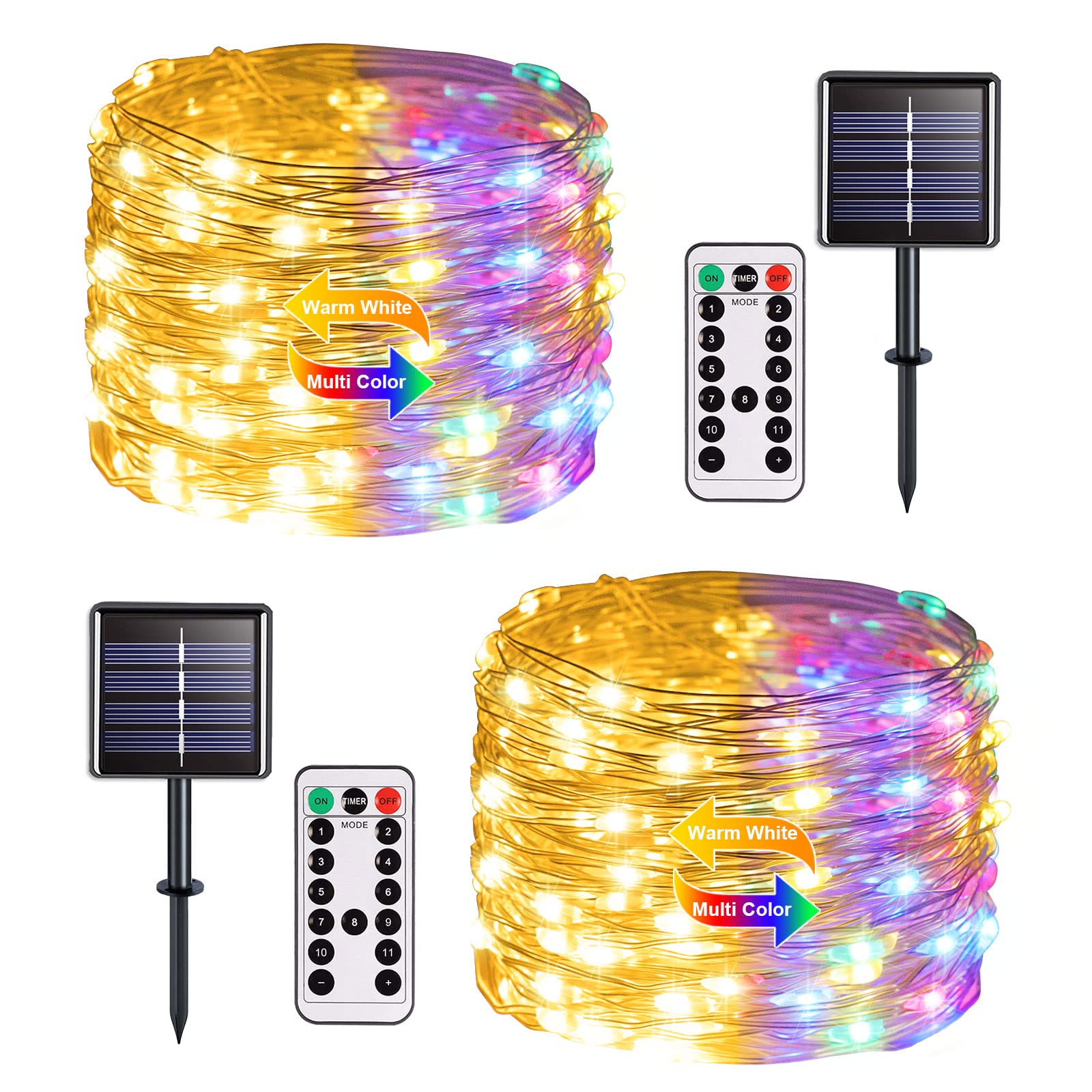 JMEXSUSS 2 Pack Color Changing Solar Christmas Lights, Warm White and Multicolor 100 LED Solar String Lights Outdoor Waterproof, 8 Modes Solar Mini Christmas Lights for Christmas Tree Garden Decor