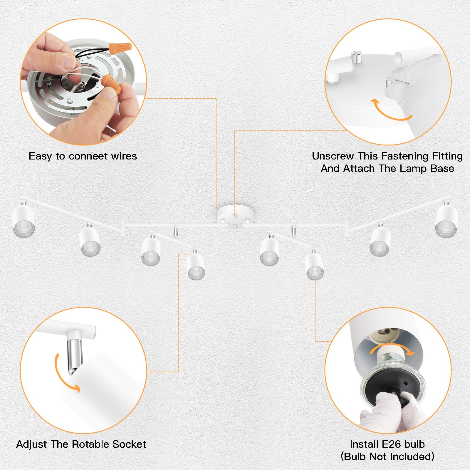 White Track Lighting Fixture Ceiling, Modern Track Light Fixtures Kitchen, 8-Light Rotatable Led Track Lights, Semi Flush Wall S