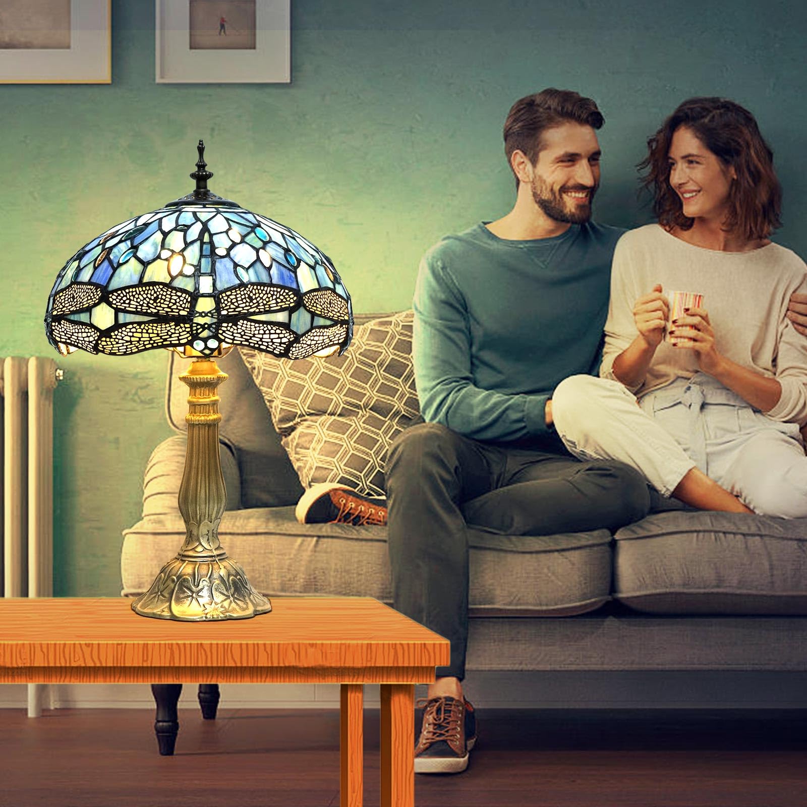 Yingju Tiffany Lamp,Blue Stained Glass Table Lamp,12 * 12 * 18 Inches Dragonfly Style Desk Lamp For Bedroom,Living Room,Home Off