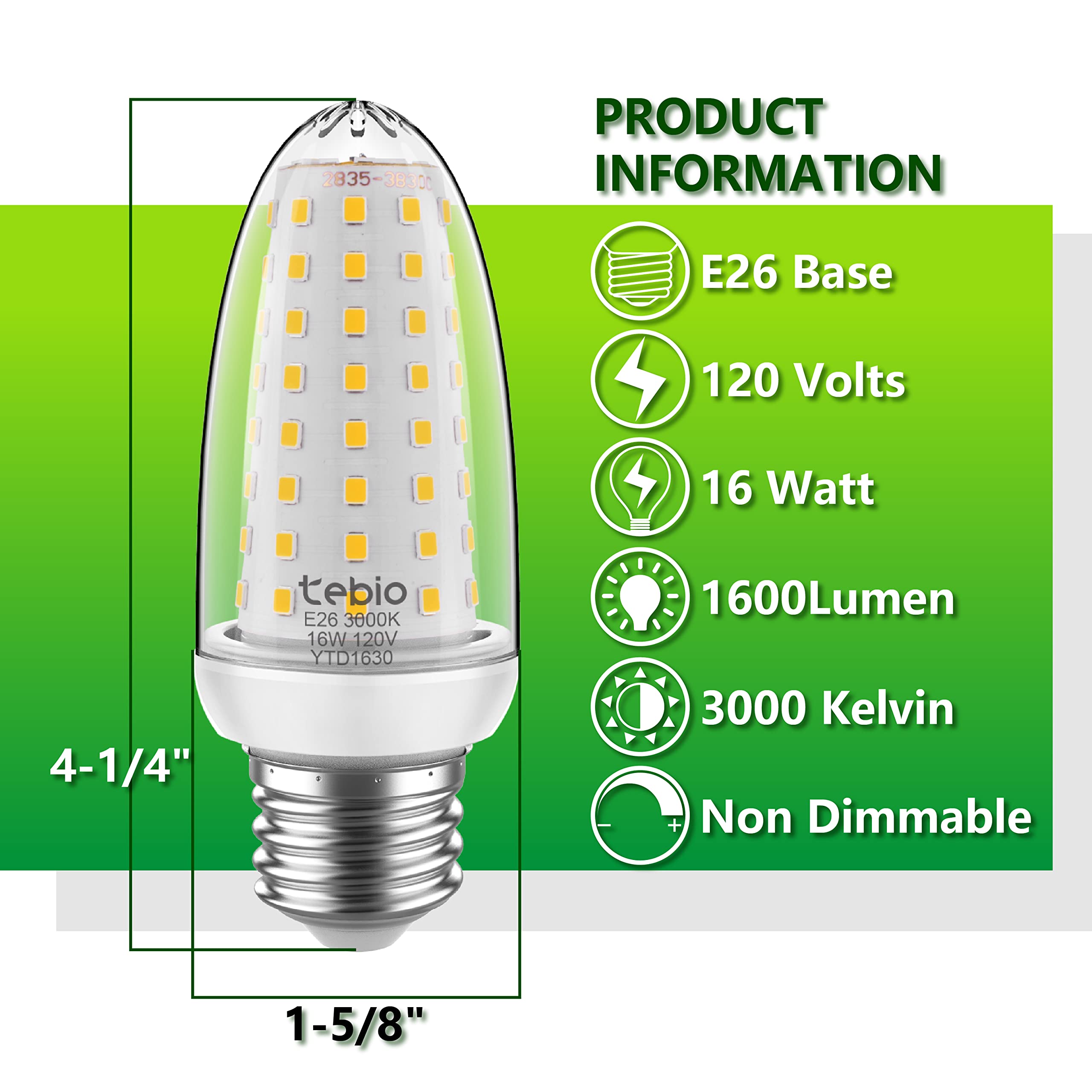 Tebio Led Corn Light Bulb 16W, 1600 Lumen, 3000K Warm White, E26/E27