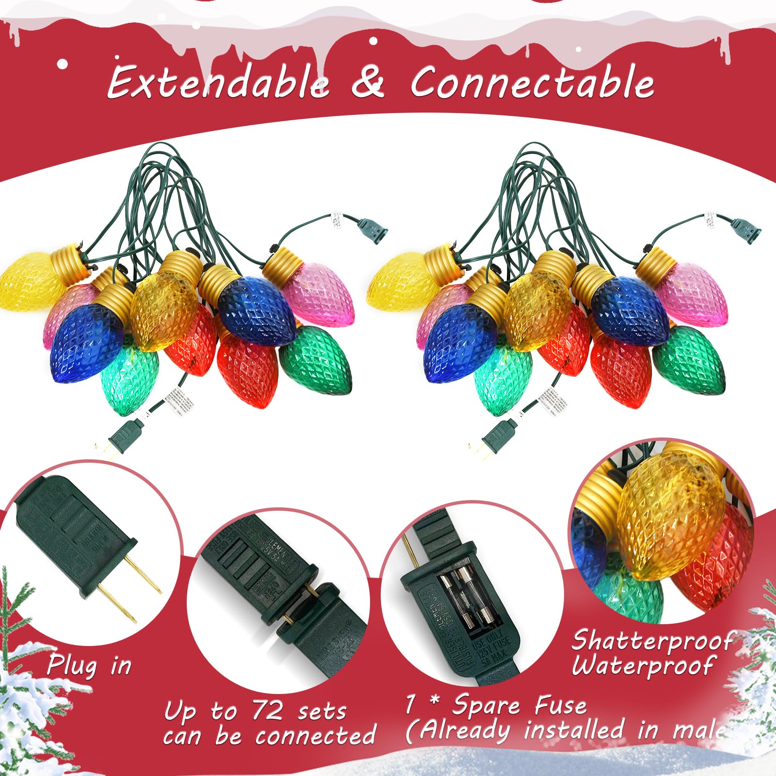 16Ft Jumbo Led Multicolor Christmas String Lights Outdoor With 10 Led Strawberry Bulb, Connectable Hanging String Lights For Ind