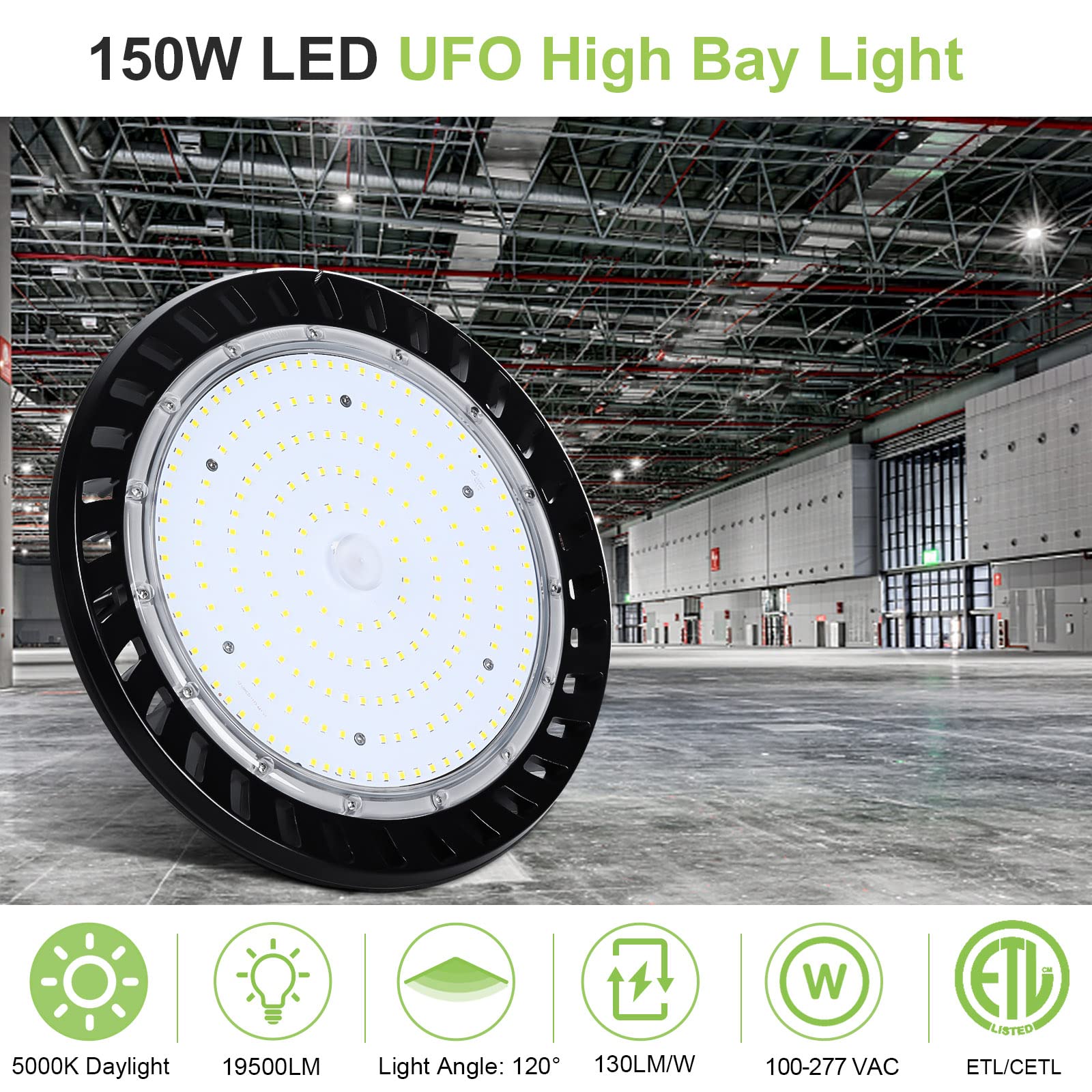 hykolity 150W LED High Bay Light Fixture, 5000K, 19,500lm, IP65, Black, Model HY-UFO150W5K-1