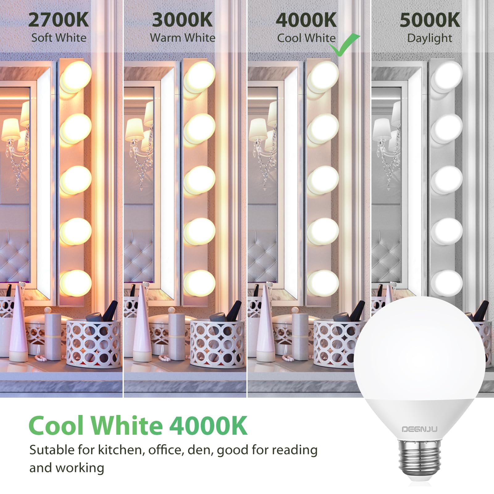 Degnju Led Vanity Light Bulbs, 60W Equivalent, Bathroom Light Bulbs 4000K Cool White, 800 Lumens, G25 Globe Bulb For Makeup Mirr