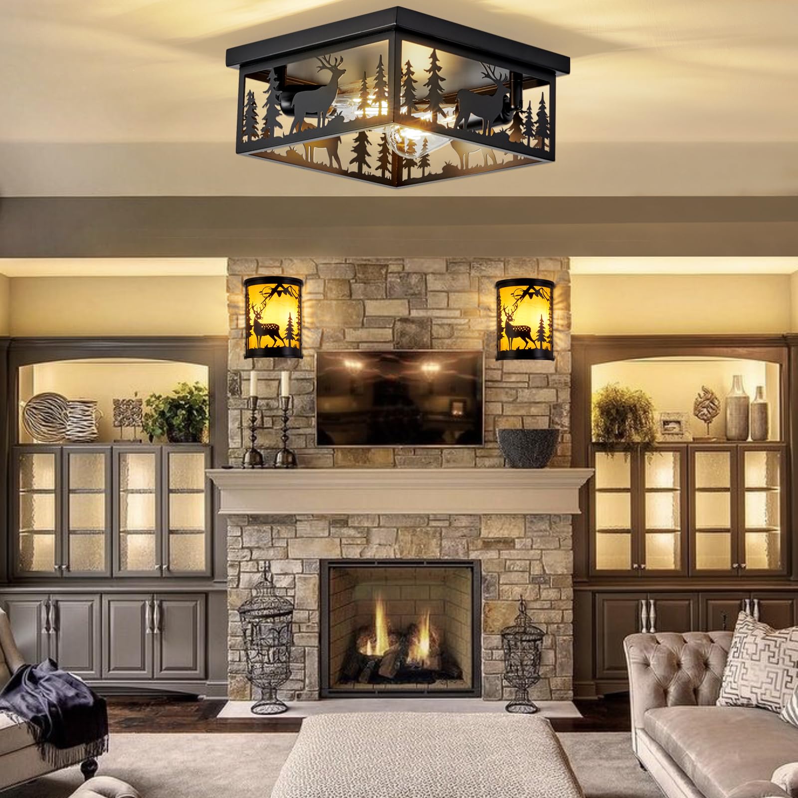 Monyohame Farmhouse Rustic Deer Ceiling Light Fixtures, Vintage Metal Cage Light Perfests For Kitchen,Living Room, Bedroom, Balc