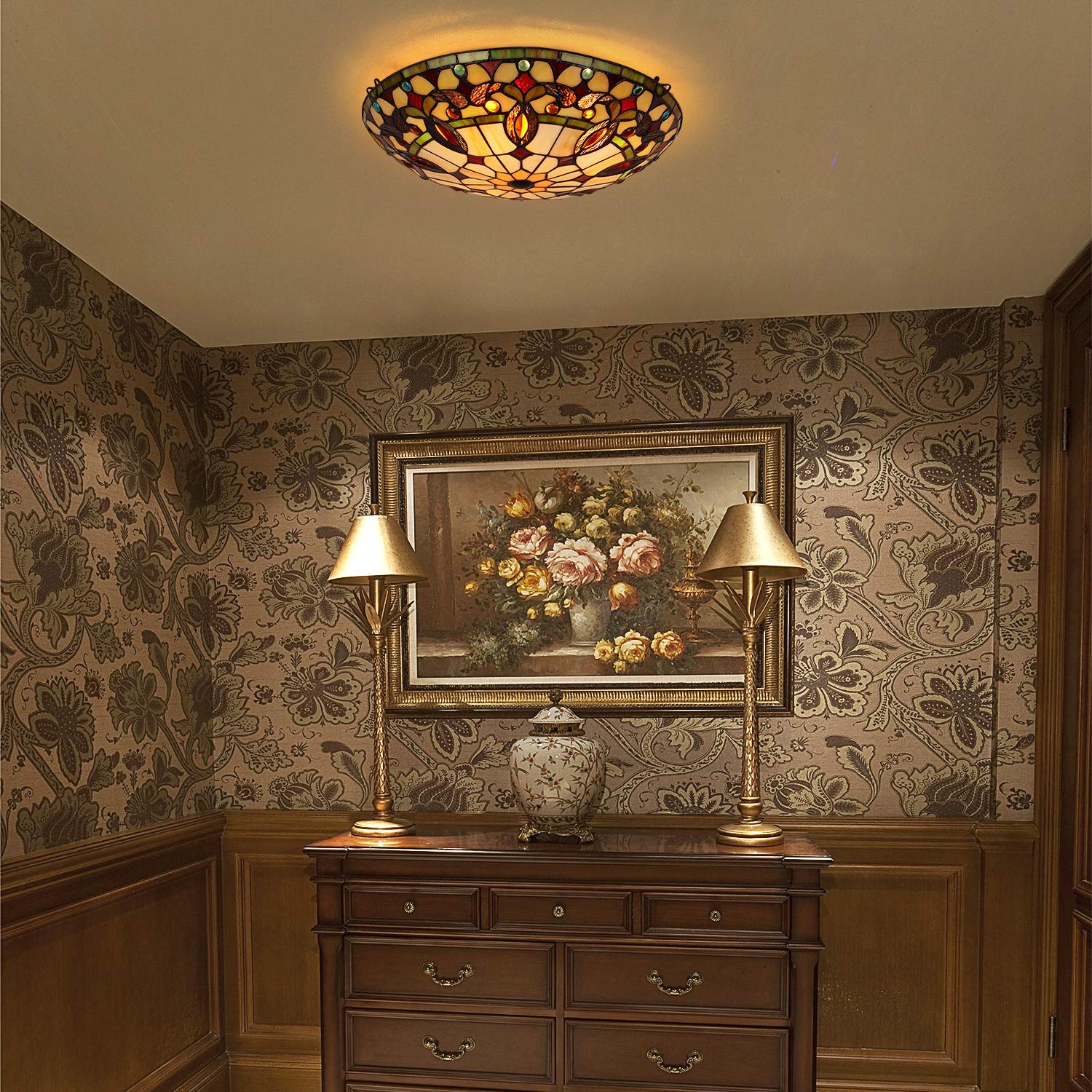 Artzone Tiffany Ceiling Light, 3-Lights Stained Glass Flush Mount, 16 Inch, Brown Cream, Model Ar164339Sf