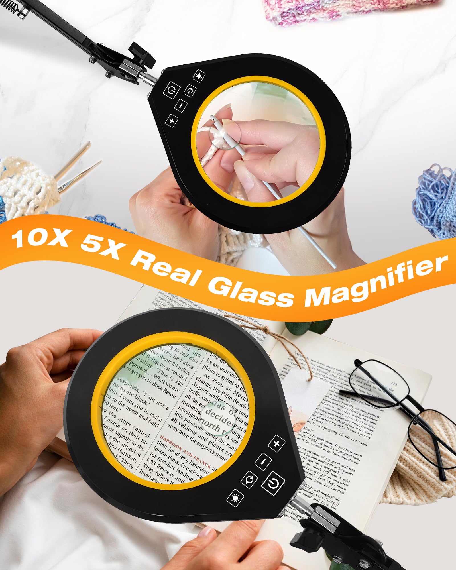Magnifying Glass With Light, 10X & 5X Real Glass & Anti-Glare Lens, 5 Color Mode Stepless Dimmable Led Desk Magnifying Lamp, Han