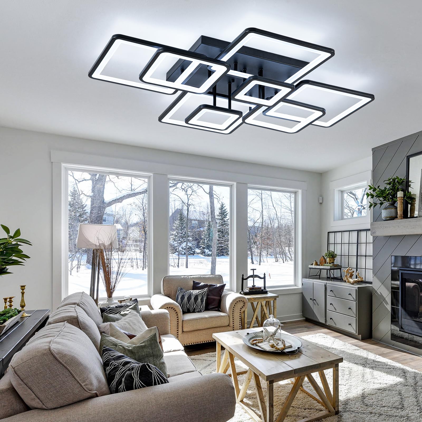 Shine Luest Modern Led Ceiling Light, Dimmable Led Chandelier Black Flush Mount Ceiling Lights, Remote Control Acrylic Ring Ceil