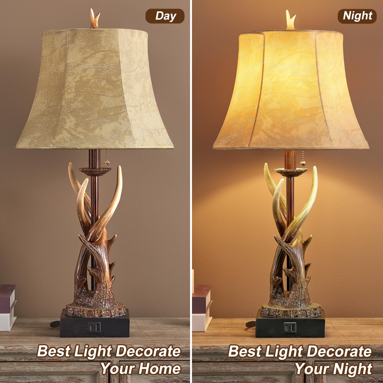 Bowobo Antler Table Lamps Set Of 2 With Usb A+C Ports For Bedroom Farmhouse Deer Rustic Bedside Lamps With Faux Leather Bell Sha