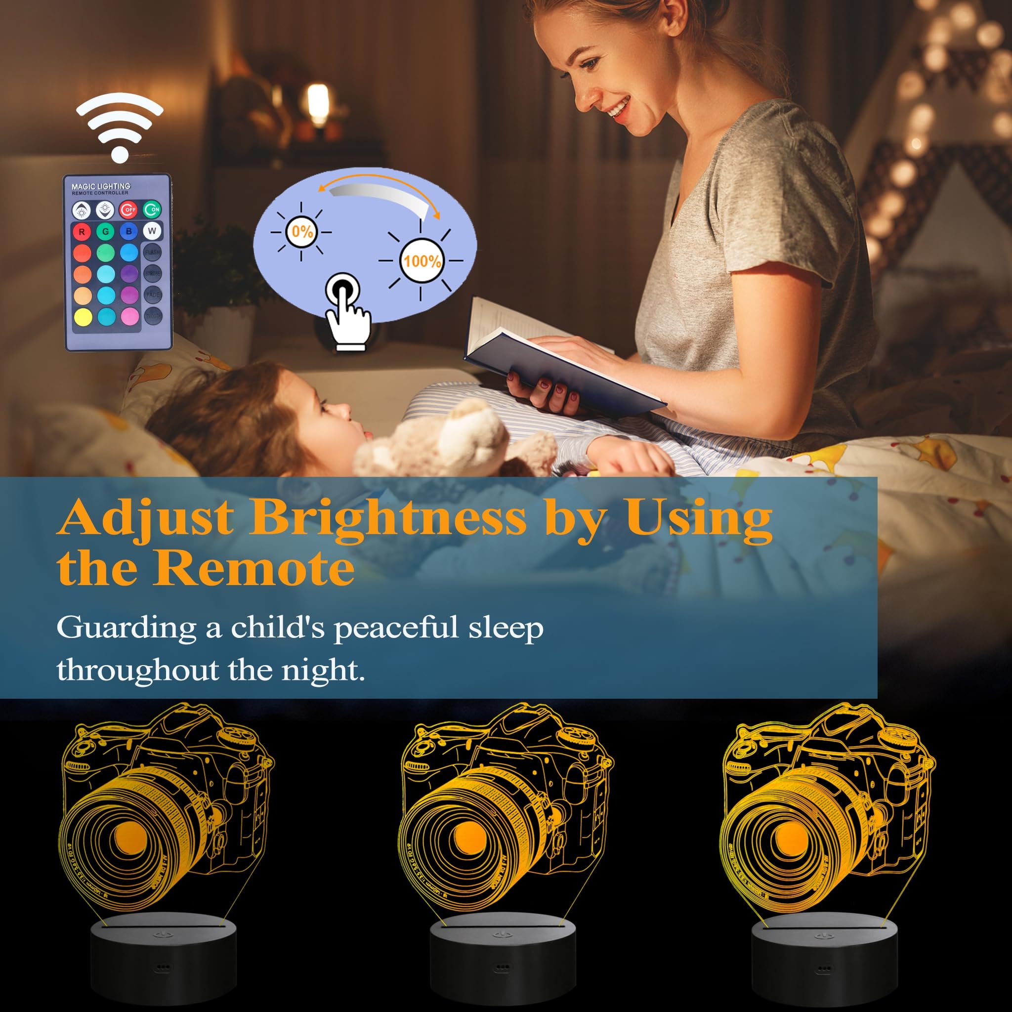 Posshe Photographer Gifts For Men, Camera 3D Night Light With Remote Control, 16 Colors Changing, Rgb Flashing Mode, Dimmable, P
