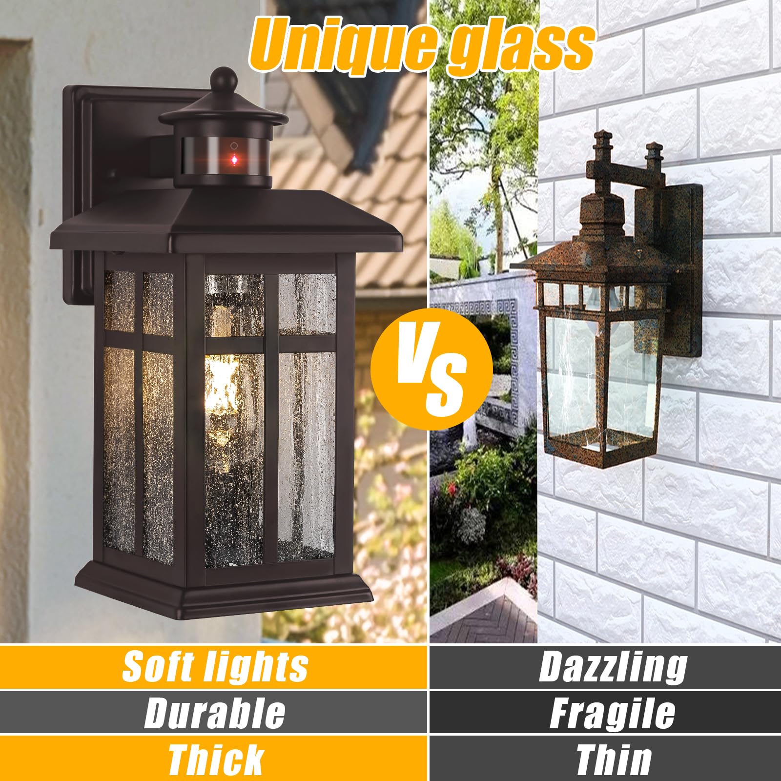 Brilvibera Dusk to Dawn Porch Light, Wall Mount Oil Rubbed Bronze, E26 Socket, Tempered Glass, 1-Pack, Model BVB-DL1-E26-OB