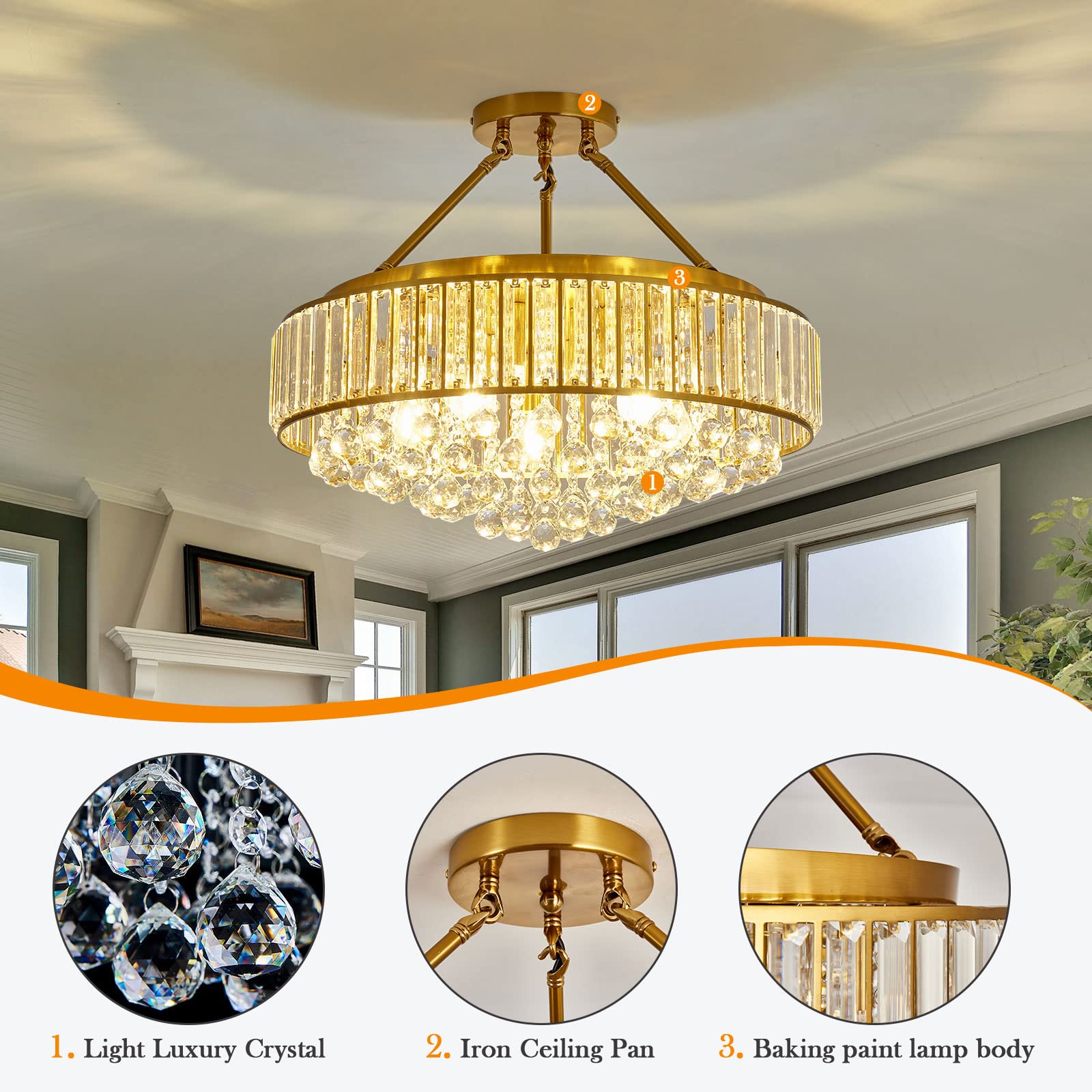 Yyjlx 6-Light Gold Crystal Chandelier Semi Flush Mount Ceiling Light For Dining Room & Foyer