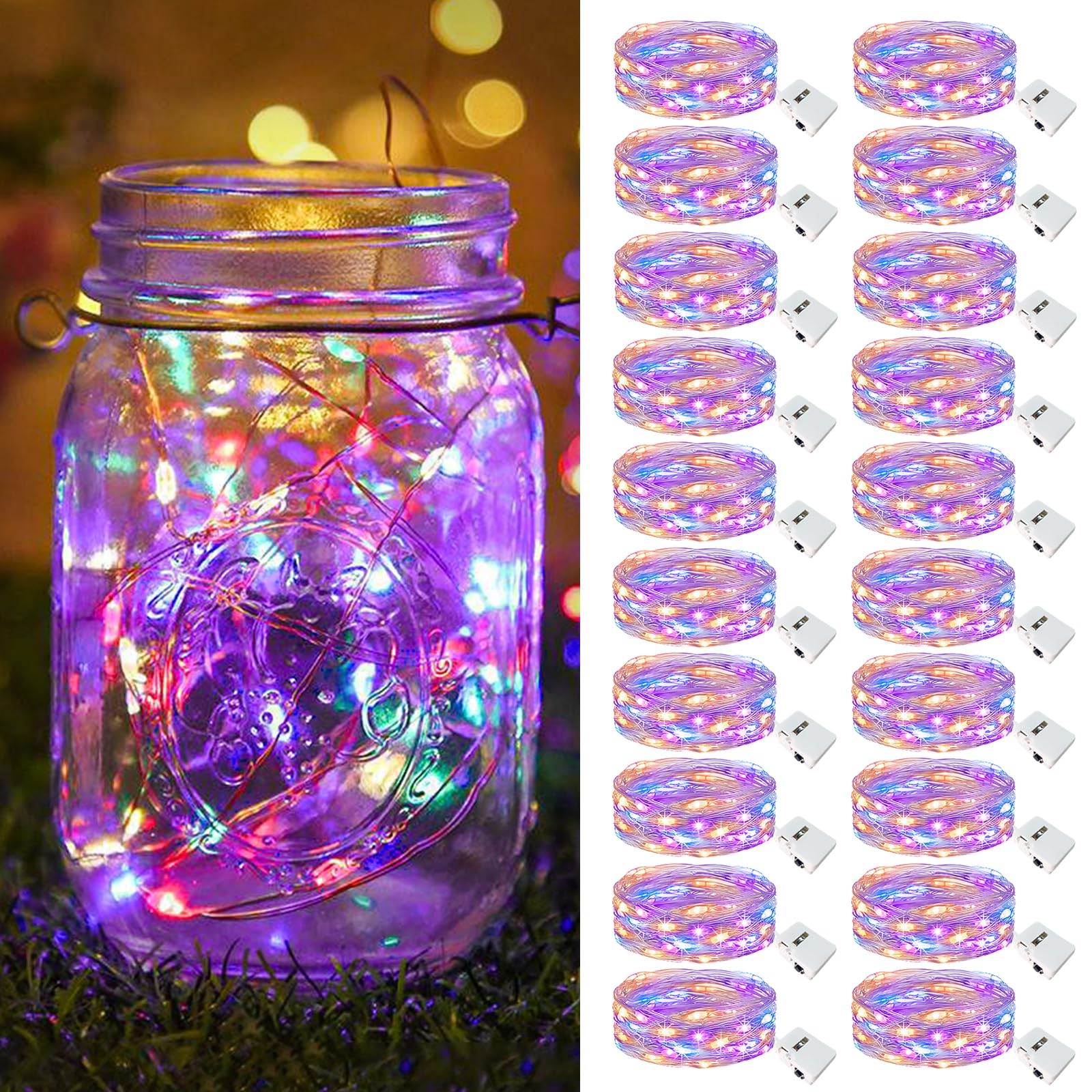 btfarm 20 Pack Fairy Lights Battery Operated [3 Modes]  7ft 20 Led Twinkle Lights String Lights Waterproof Bulk Small Mini Silver Wire for Mason Jars Vases Wedding Table Centerpiece  Colorful