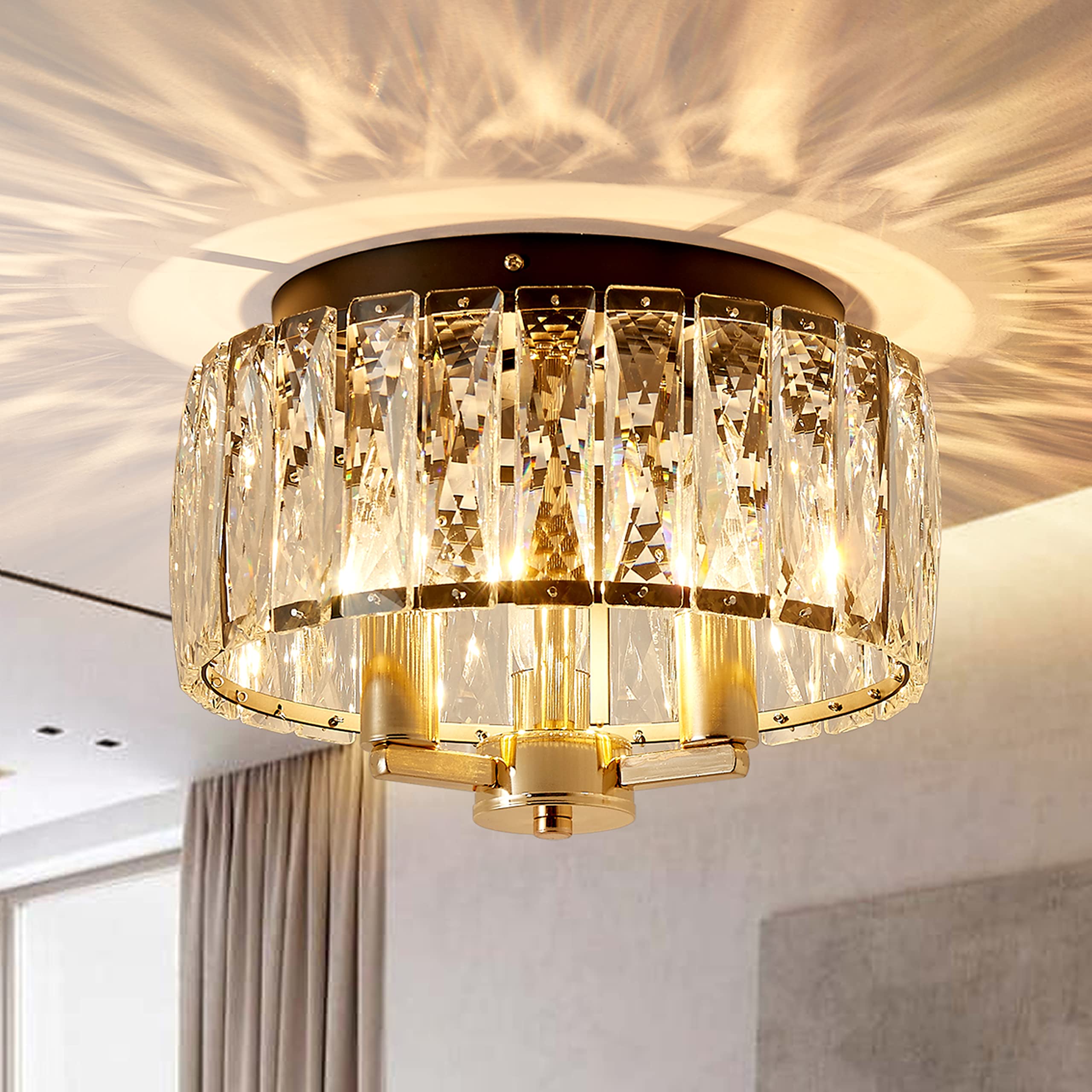 Agv Lighting Cl002Bb Crystal Flush Mount Ceiling Light Fixture, E12 Base 3-Lights, D13 X H15, Shine Gold & Matte Black Finish