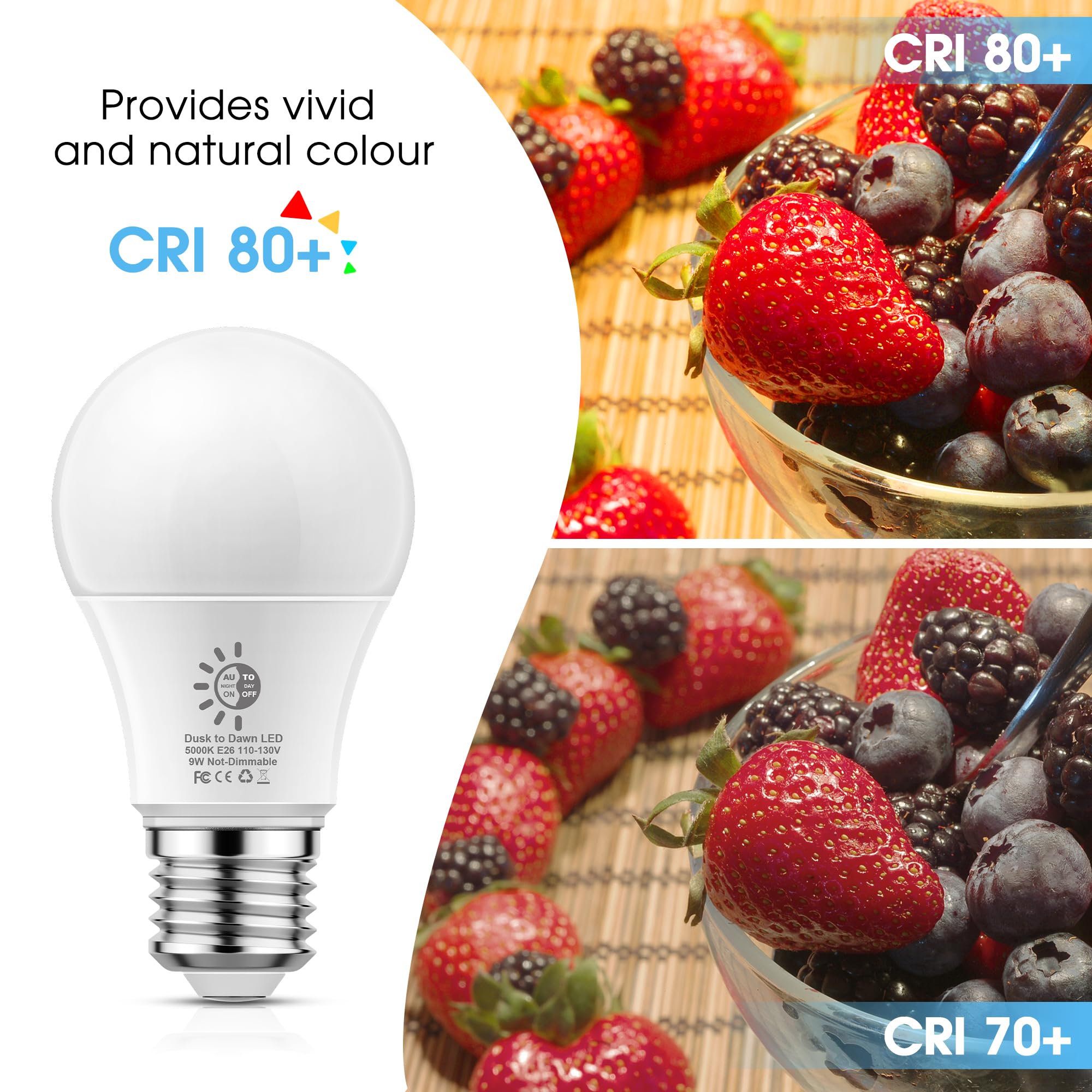 4 Pack Dusk To Dawn Light Bulbs Outdoor  9W(60W Equivalent) 5000K Daylight Bulb  800Lm A19 E26 Automatic On/Off Led Light Bulbs  Dusk To Dawn Led Sensor Photocell Lighting For Porch Garage Patio