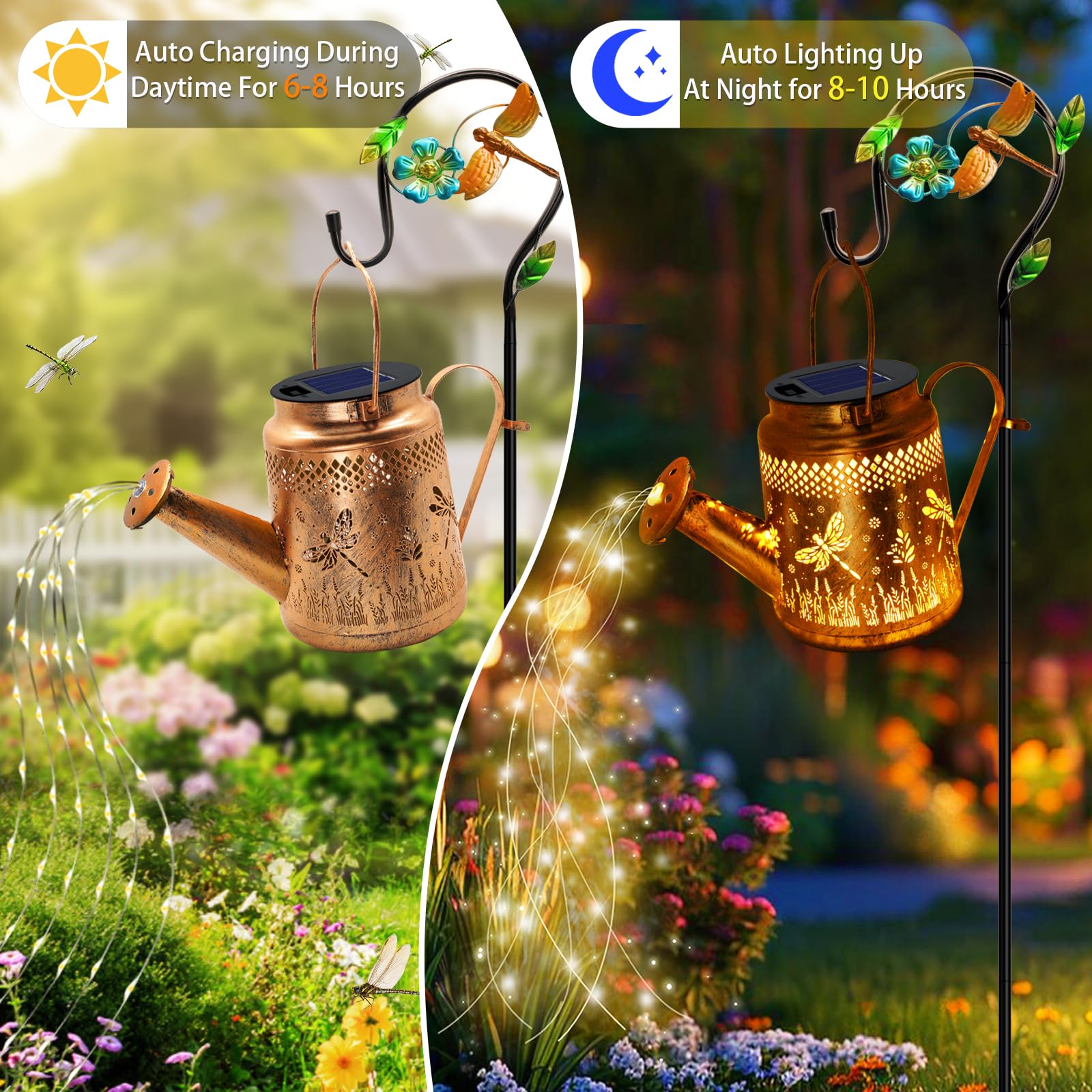 Solar Powered Dragonfly Watering Can Lights Waterproof Outdoor Garden Decor With Shepherd Hook, Hanging Patio Lights For Yard, P