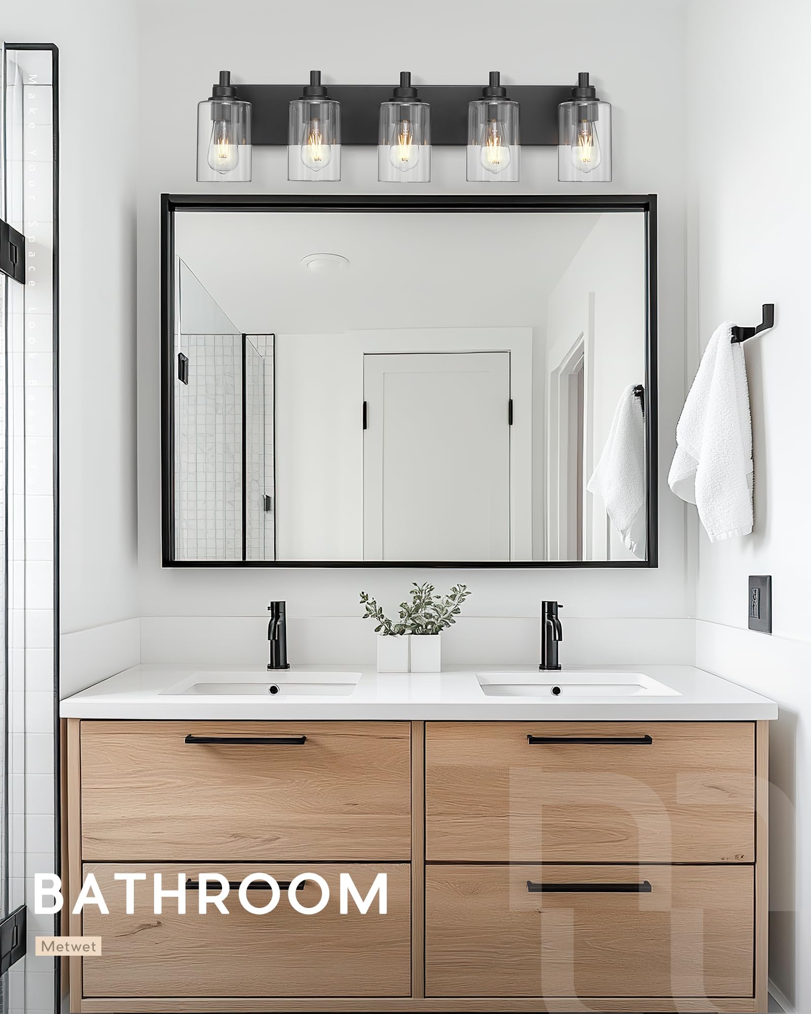 Metwet 5-Light Bathroom Light Fixtures  30 Inch Black Vanity Light With Cylinder Clear Glass Shade  Modern Vanity Lighting Fixtures Over Mirror  Vl143-Mb-5