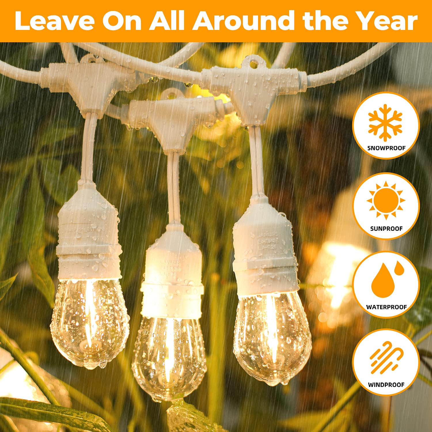 96Ft(48?2) Outdoor String Lights, Commercial Grade Heavy Duty White Wire Patio Light With Dimmable S14 Shatterproof Led Bulbs, L