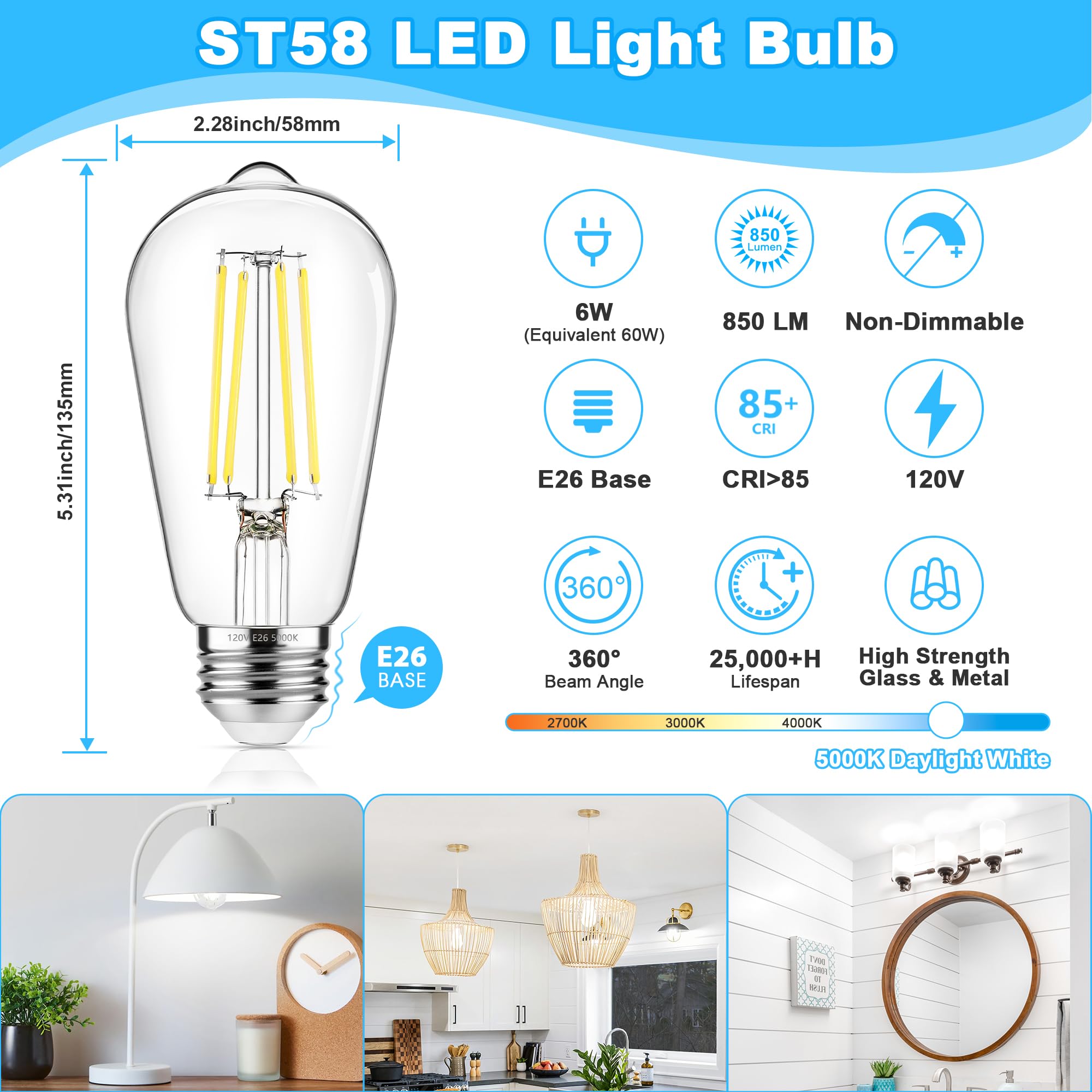 Asomst 16-Pack Vintage Edison Led Bulbs, 60W Equivalent, 850Lm 6W Edison Light Bulb Daylight White 5000K, St58 Led Filament Bulb