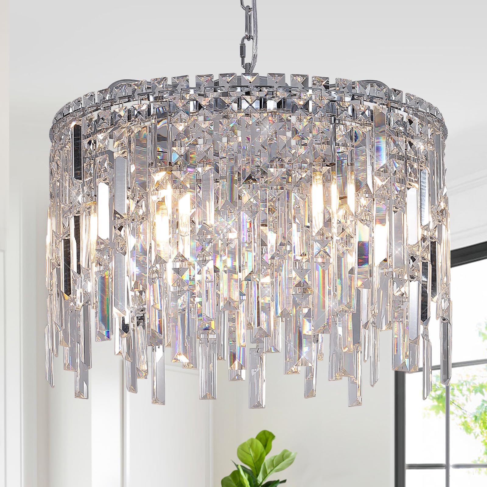A AXILIXI Round Crystal Chandelier Modern 20'' Drum Chandelier with Chain Chrome Adjustable K9 Raindrop Crystal Ceiling Pendant 