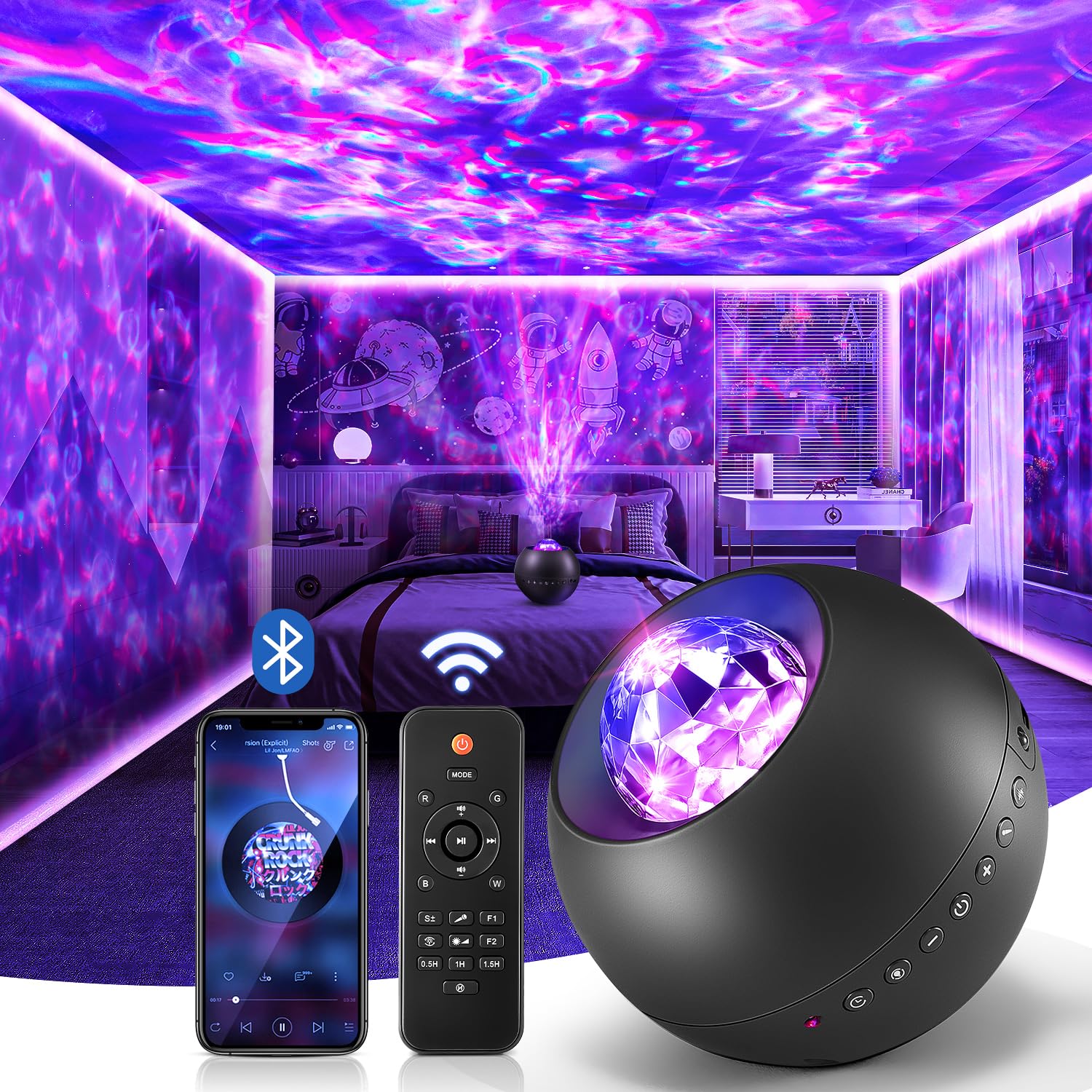 One Fire Galaxy Projector,White Noise Galaxy Light Projector,Bluetooth Music Kids Night Light Projector,Remote Timer Galaxy Proj
