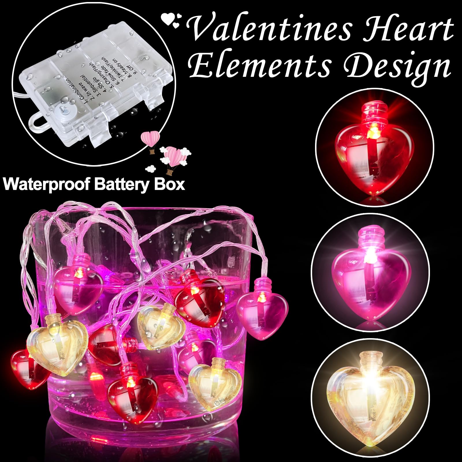 8 Modes & Remote Control - 2 Pack Valentine's Day Lights Decorations Total 16.4 Ft 40 LEDs Red Pink White Heart String Lights Ti