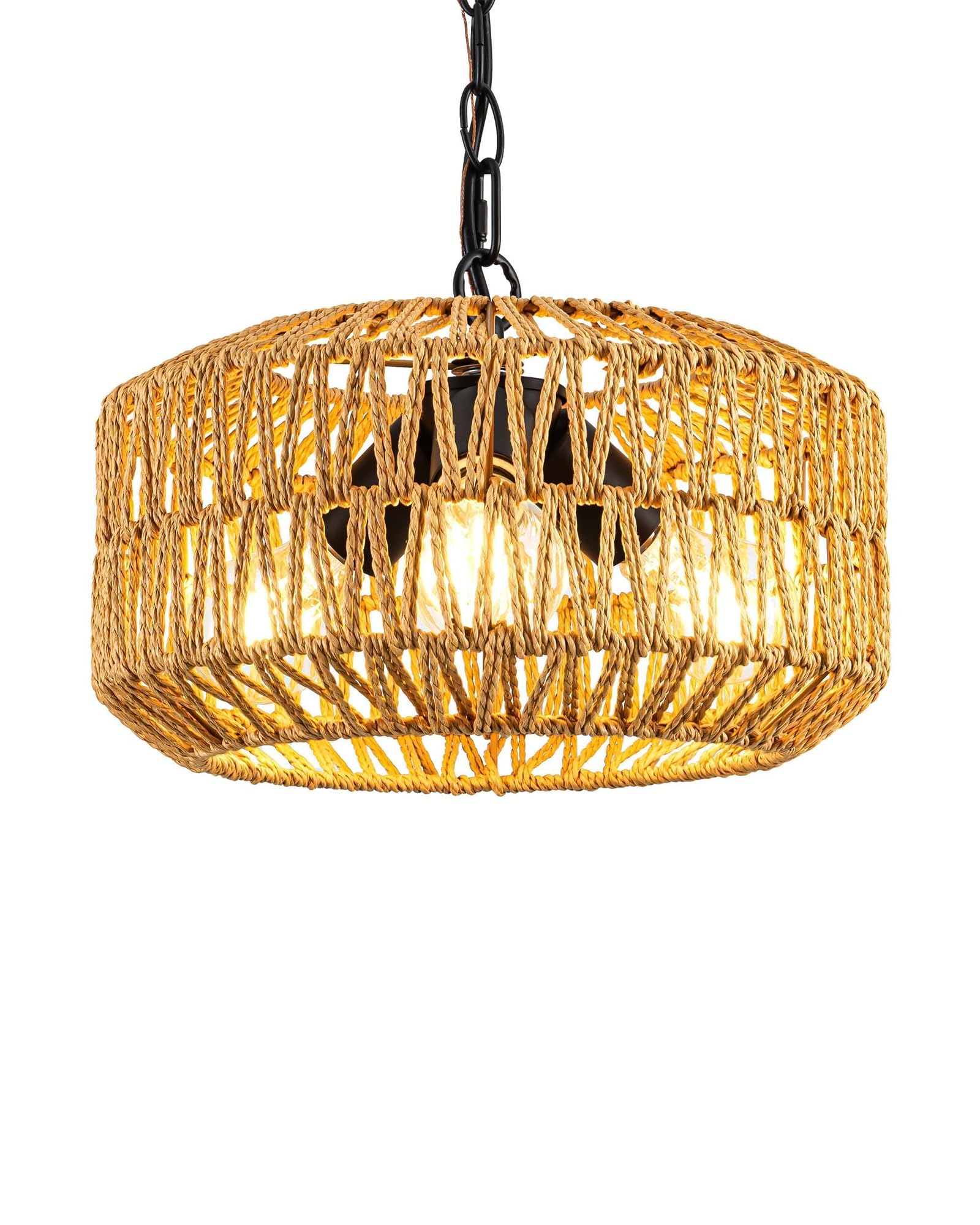 Leip 11.8'' Boho Rattan Chandelier, 3-Light Farmhouse Pendant Light For Kitchen Island, Dining Room, Living Room, Adjustable Han