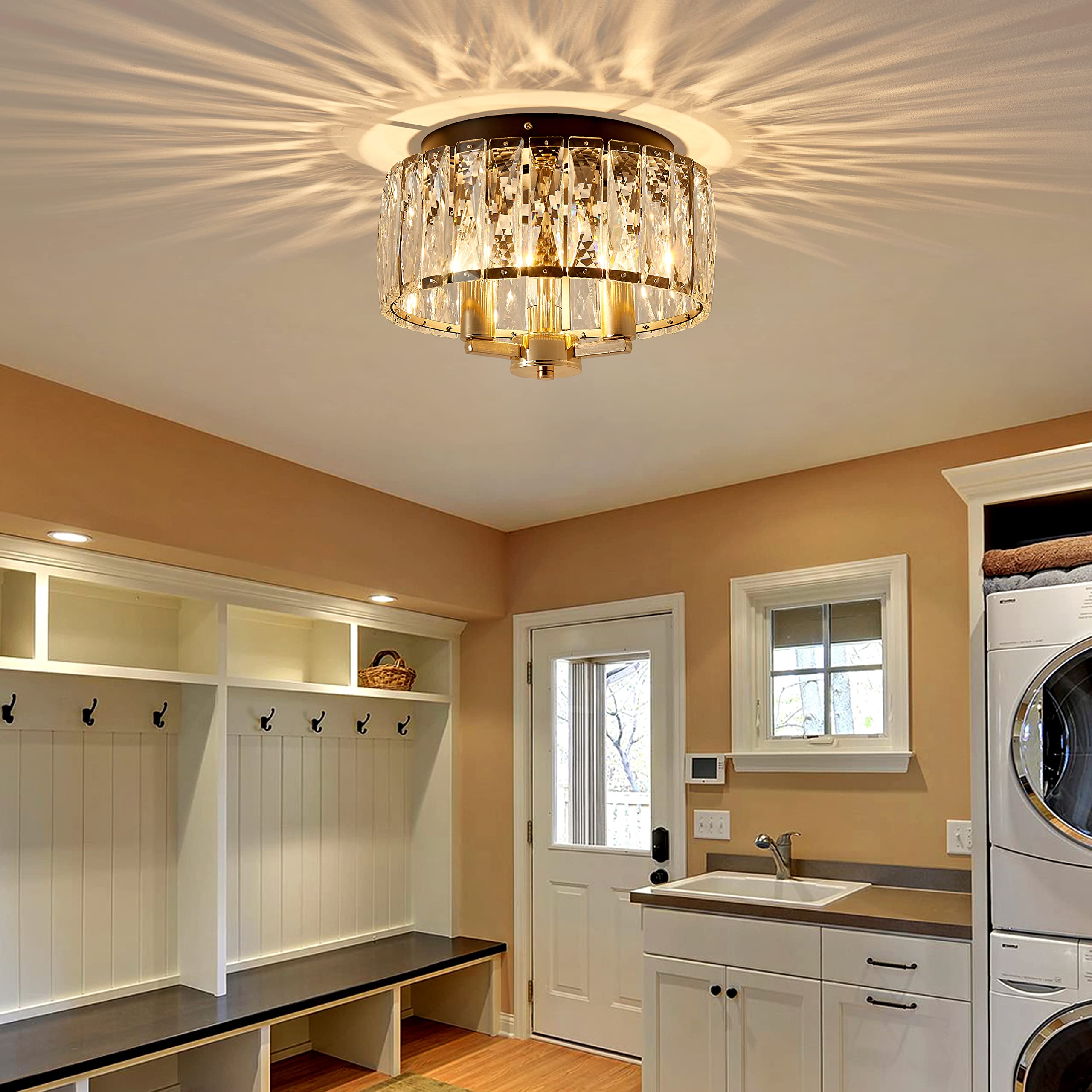 Agv Lighting Cl002Bb Crystal Flush Mount Ceiling Light Fixture, E12 Base 3-Lights, D13 X H15, Shine Gold & Matte Black Finish