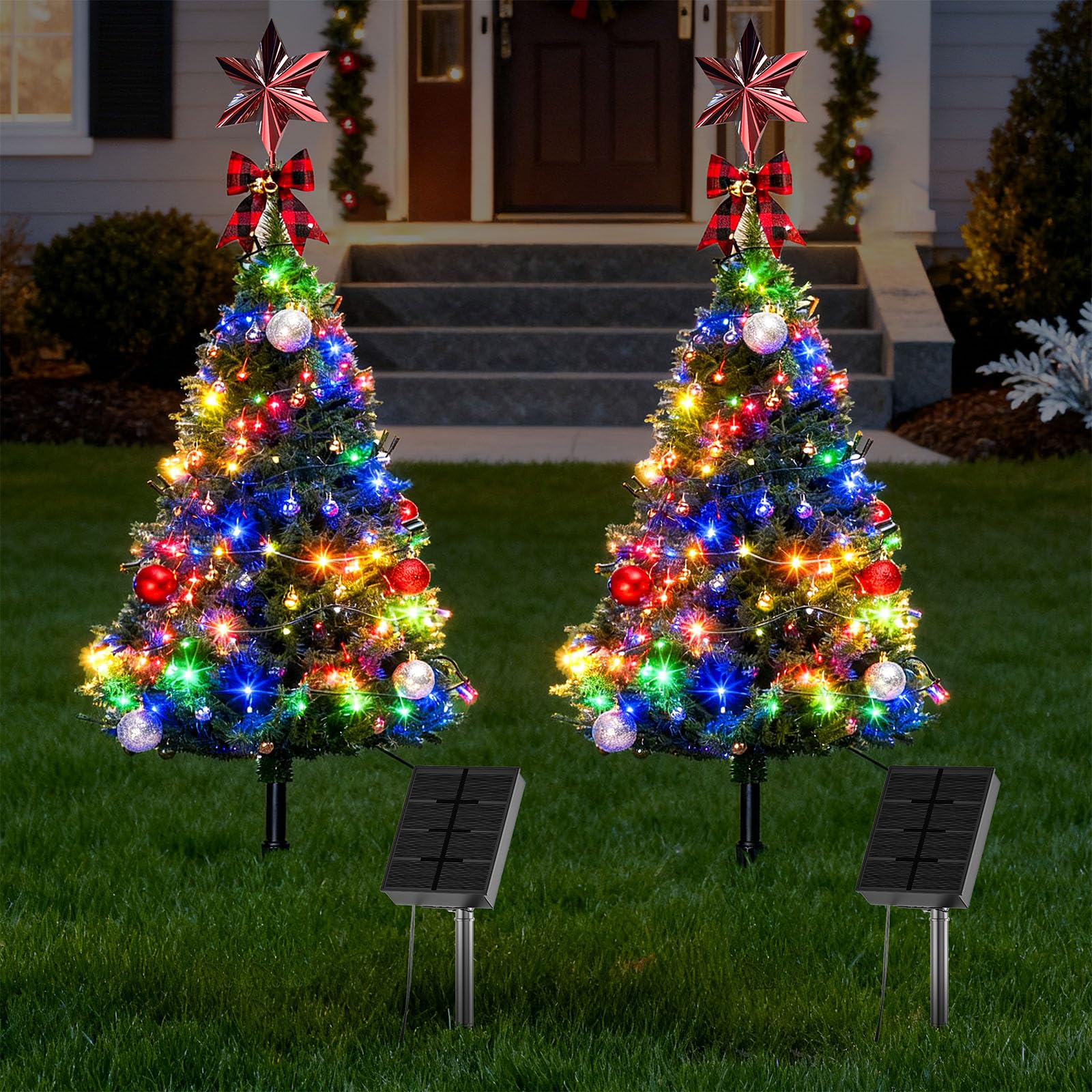 Amzxart 2 Pack Solar Christmas Tree, 3FT Christmas Tree with 100LED Multicolor Solar Christmas Lights,Xmas Ball and Red Berry,So