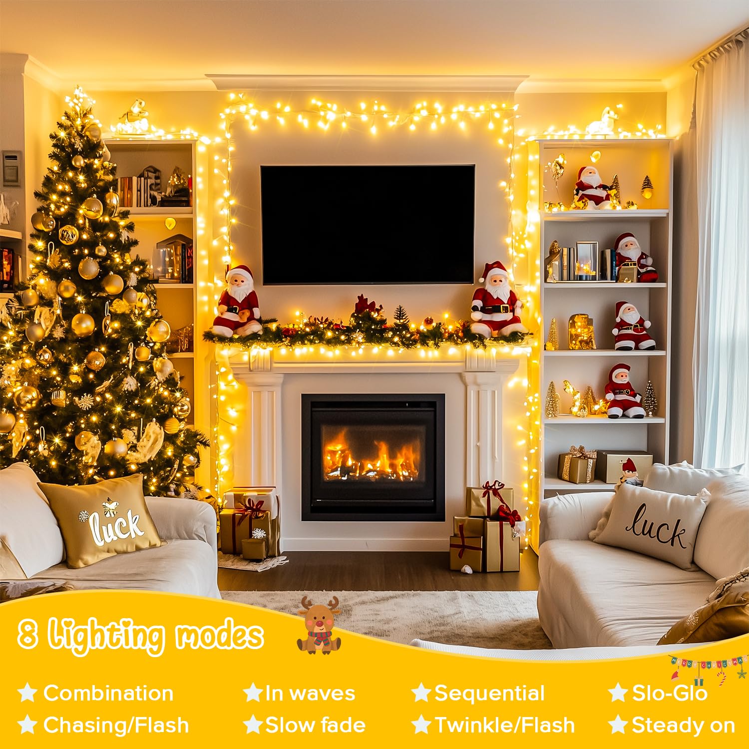 JMEXSUSS 100 LED Warm White String Lights, 33ft Indoor/Outdoor, Connectable, 8 Modes, Model EXS-S-0100