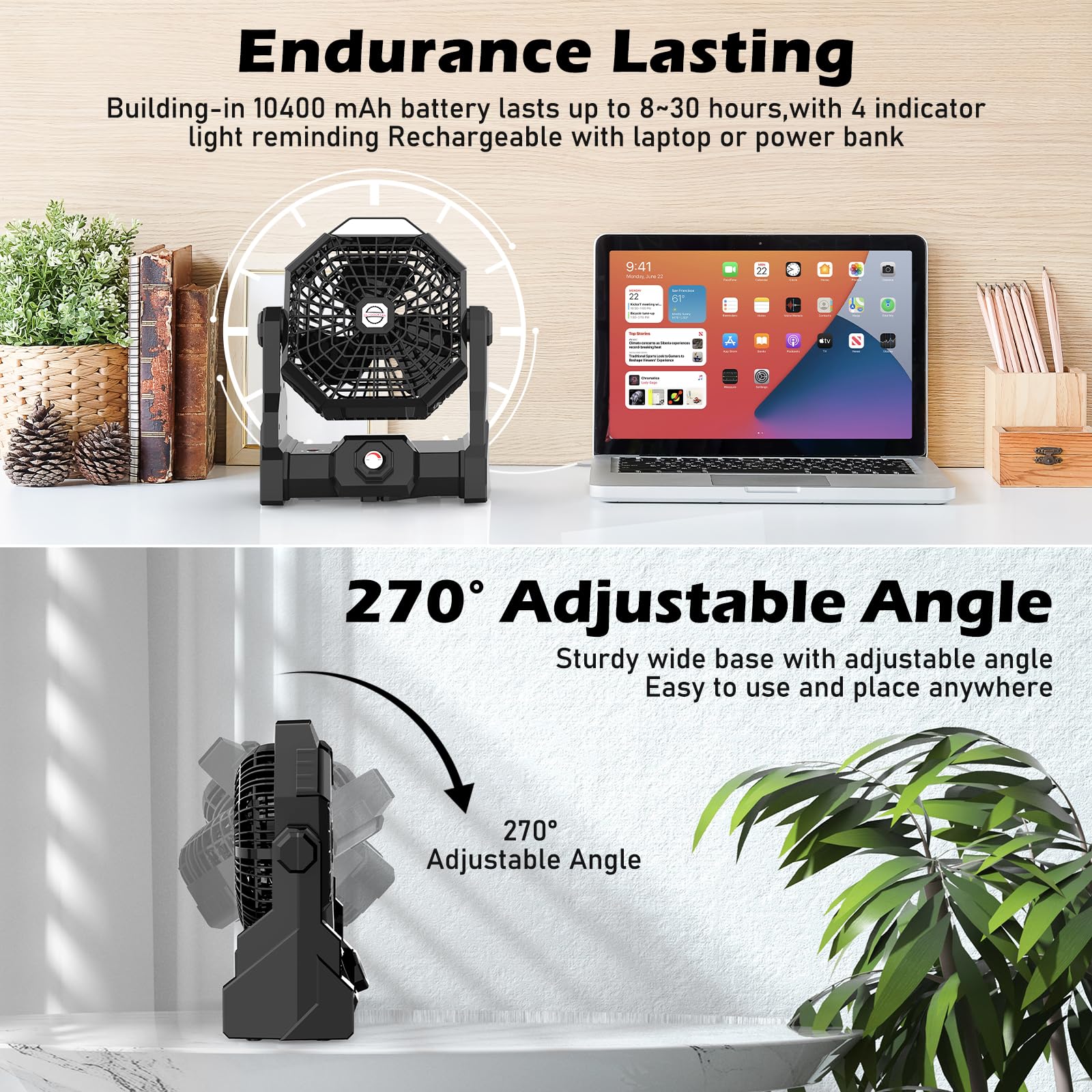 Howhio Camping Fan Rechargeable, 10400mAh Portable Battery Operated Camping Fan for Tents, Hangable USB Silent Camping Fans with