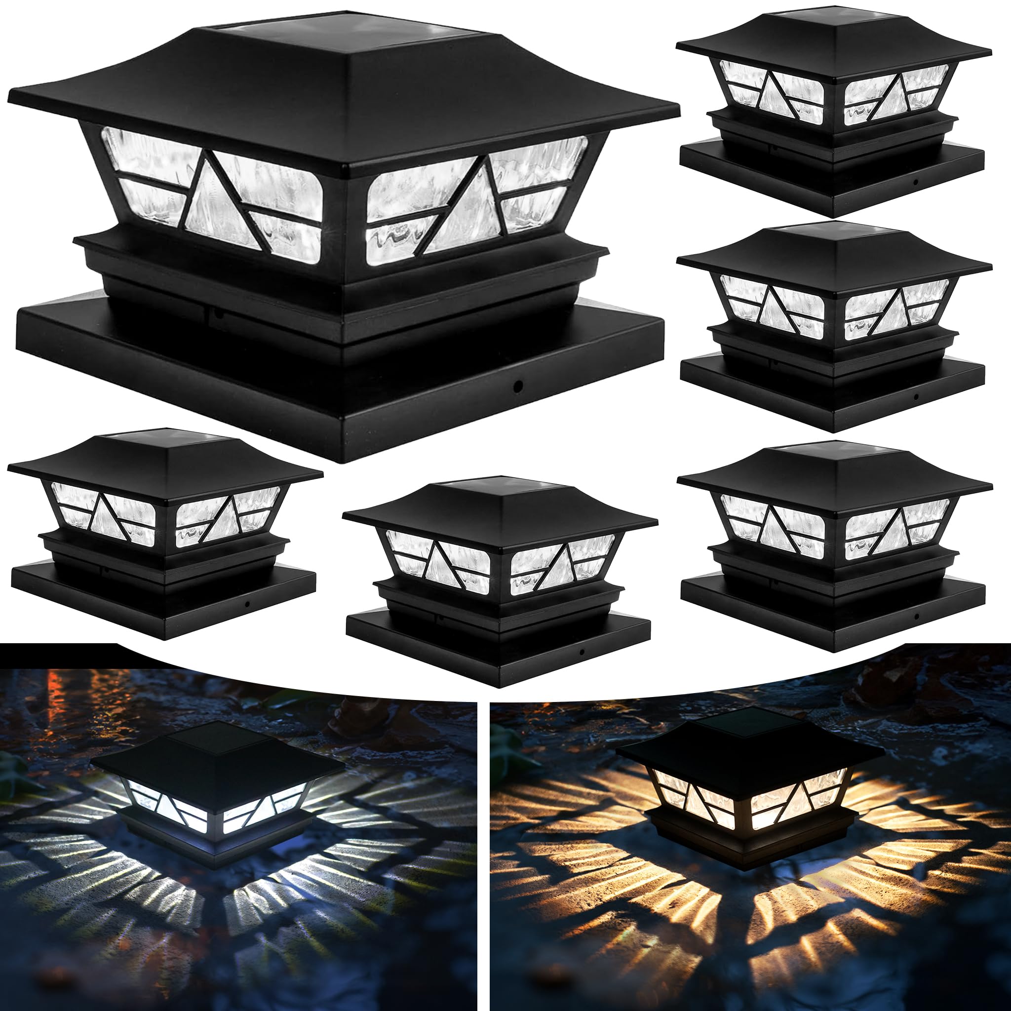 TW SHINE Solar Post Cap Lights 6 Pack, 2 Modes Fence Post Solar Powered Lights Outdoor Waterproof for 4x4 5x5 6x6 Wood Posts War