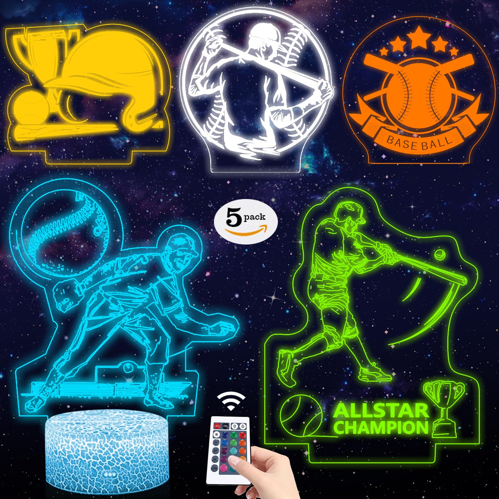 Shellvcase 3D Baseball Night Light, 5 in 1 Set with Remote, 16 Colors, Acrylic, Model 3736651, 5Pcs Baseball Gift for Boys