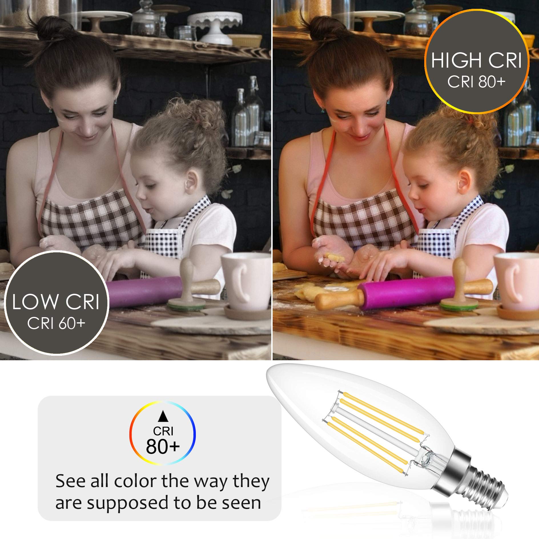 Cotanic Dimmable E12 Candelabra Led Bulbs, 60W Equivalent,4000K Daylight,600Lm Ceiling Fan Light Bulb,C35 Filament Chandelier Light Bulbs B11 Candle Lights With Clear Glass,Pack Of 6