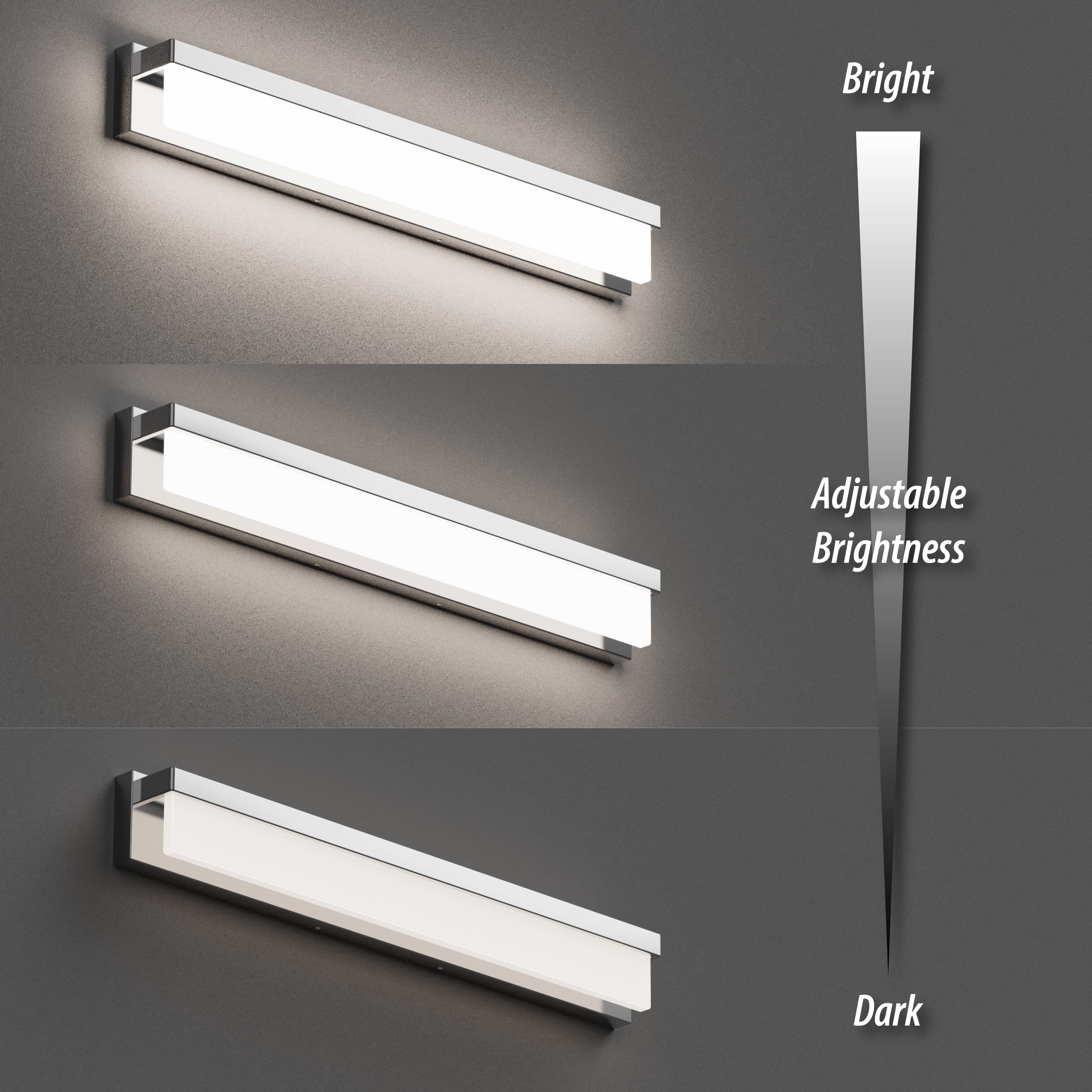 Lightinn Led Bathroom Vanity Light Fixture, 32.3 Chrome Stainless Steel, Model 8890-24W-Chr, Modern Design, Daylight 4000K