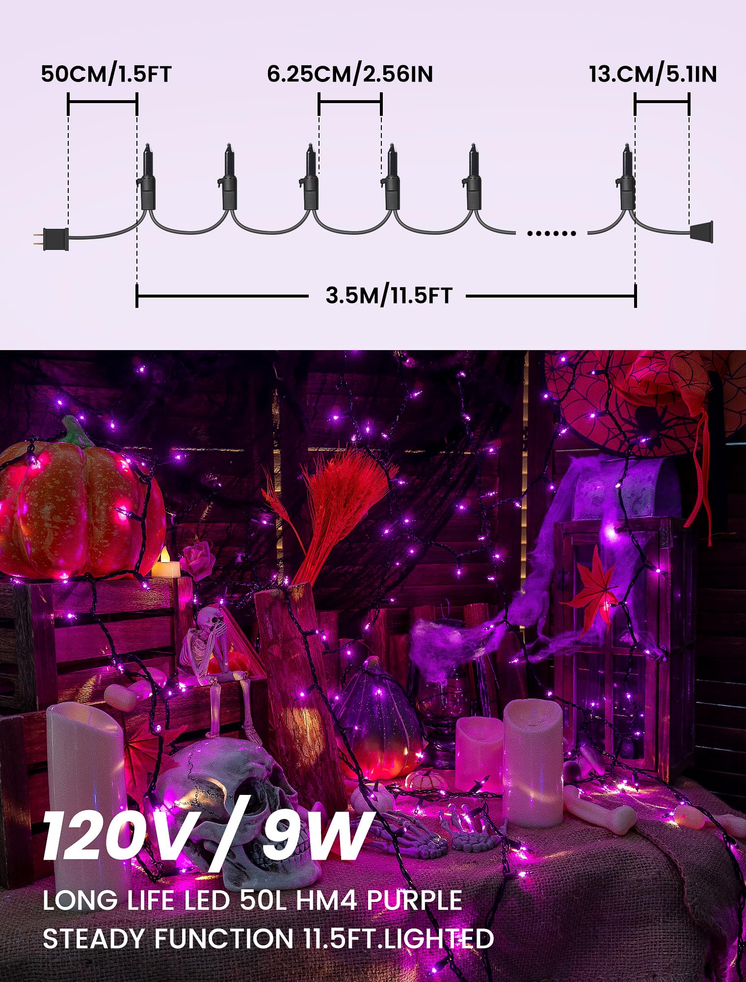 Hopolon Purple Halloween Lights 2Pack 13Ft 50Count Halloween Decorations Mini Purple String Lights With Black Wire Waterproof Ul Certified For Indoor Outdoor Christmas Tree Home Party Garden Holiday