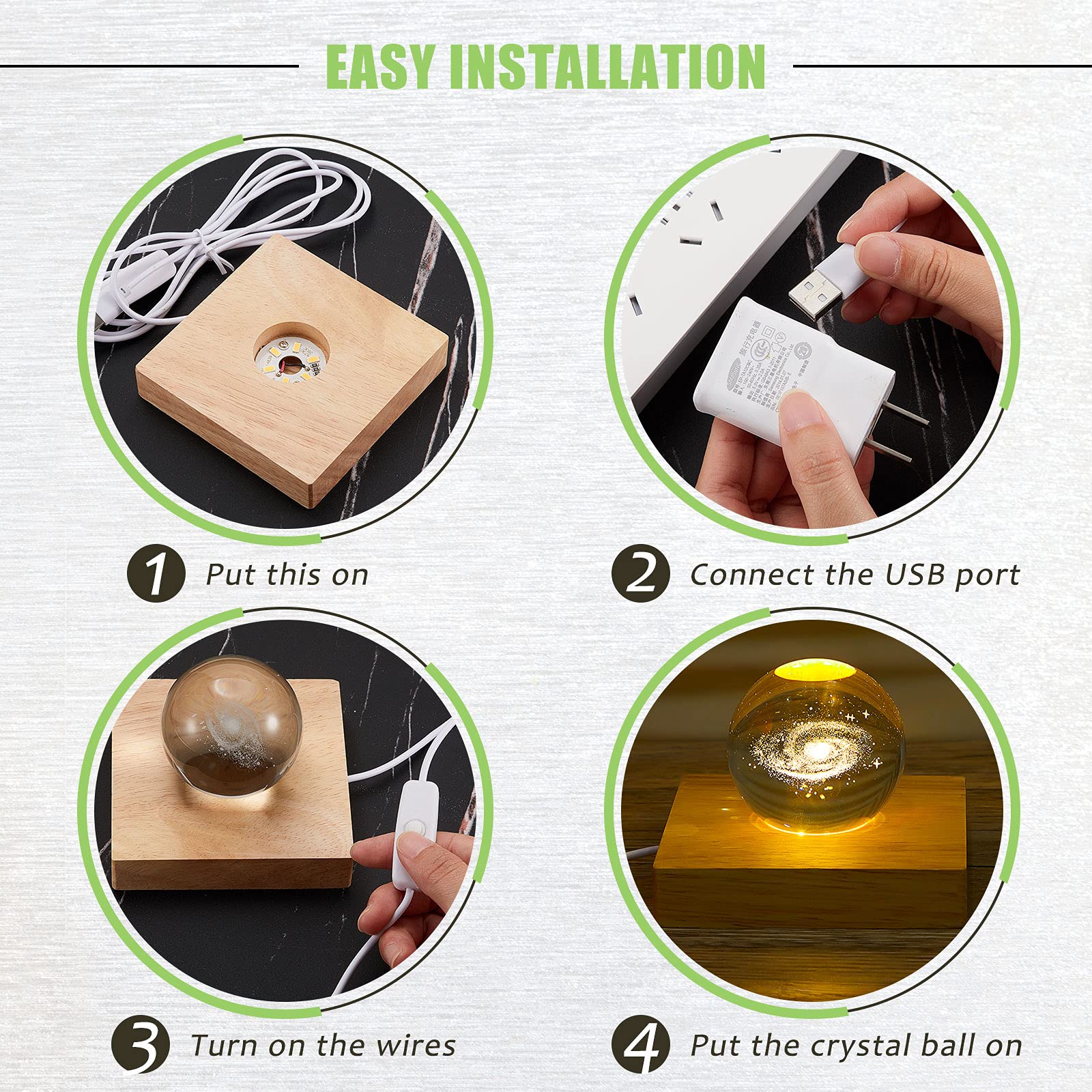 Honoson 2 Pcs Led Base Wood Light Display Base For Crystal Glass Art Resin Light Display Stand With 6 Led Wooden Crystal Resin L