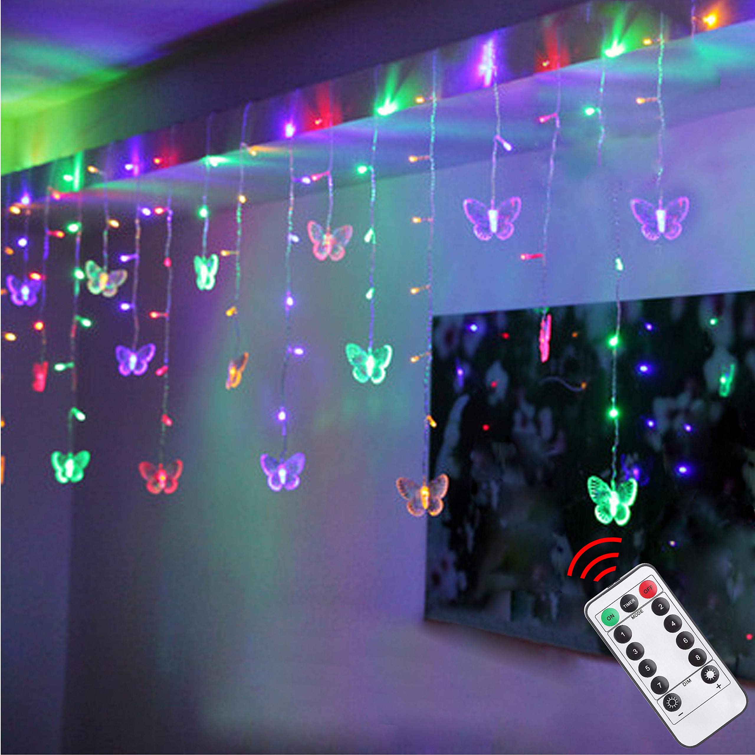 Decorman Butterfly Curtain Lights, 48 LED Fairy Lights, 4.9ft, Colorful, Remote Control, 8 Modes, Model CLD-B-R-001